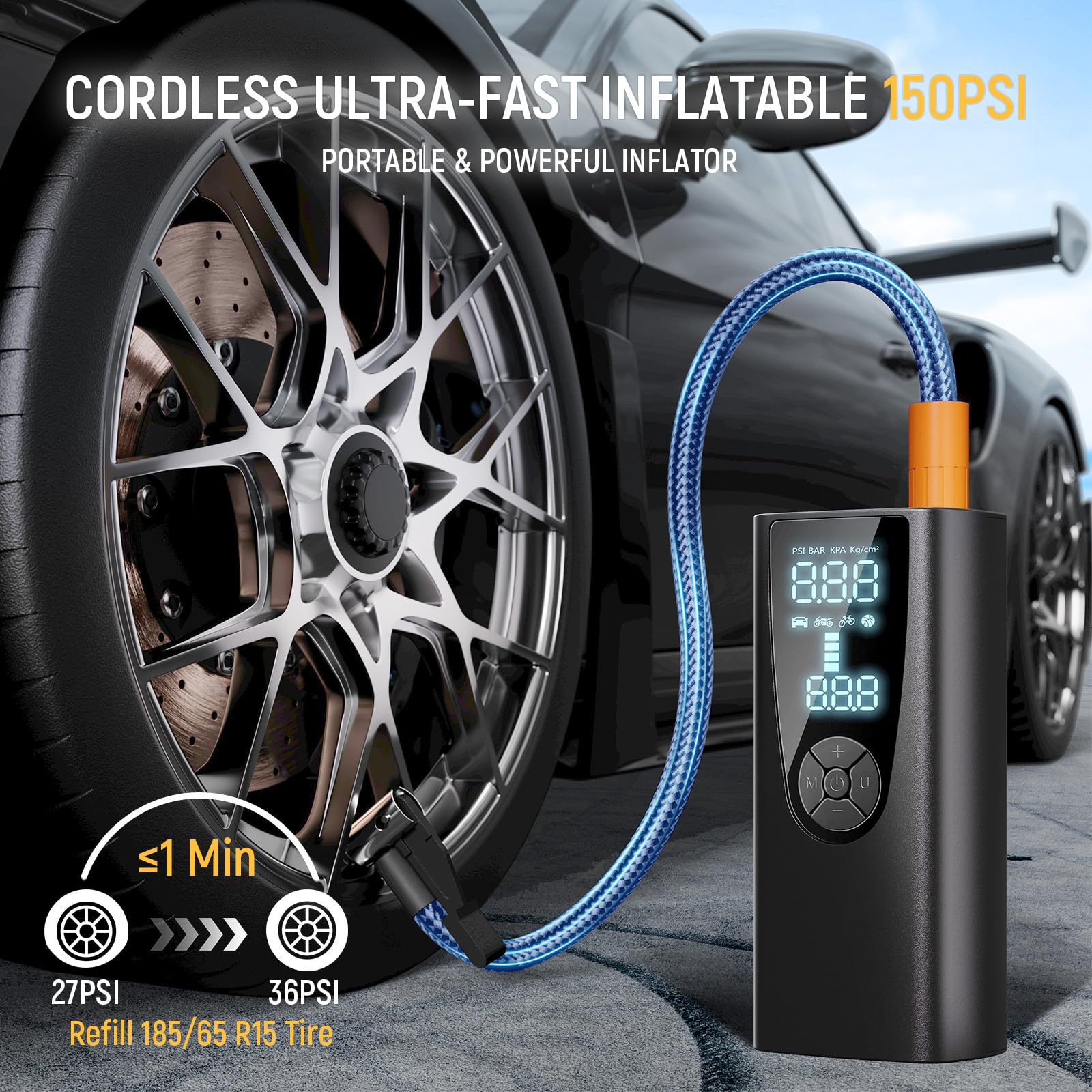 Inflator do opon, przenośna sprężarka powietrza, pompa powietrza 150 PSI do opon samochodowych z cyfrowym miernikiem ciśnienia w oponach, 20000 mAh, 4 razy szybszy przenośny pompka