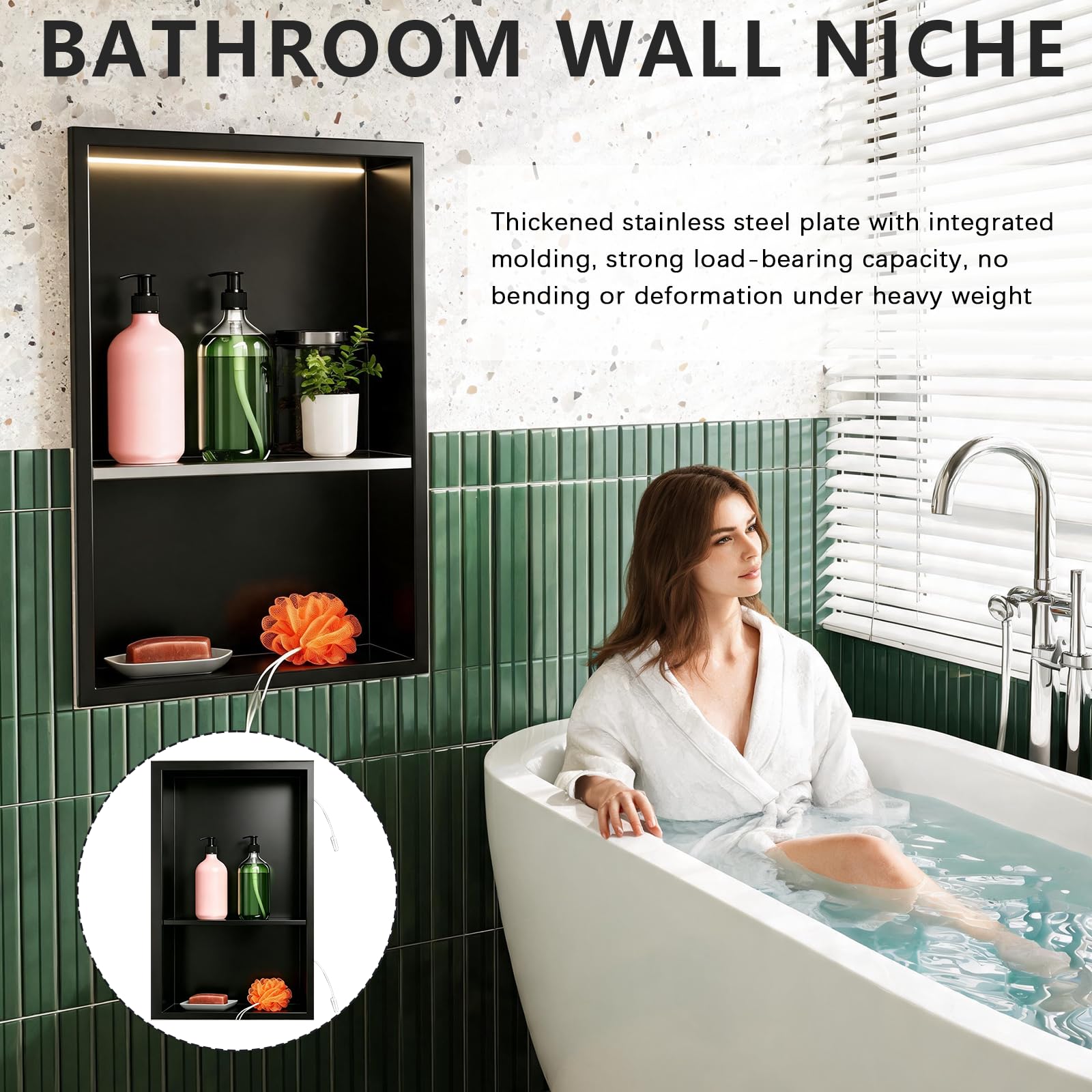 Nicho De Ducha con IluminacióN Led, Nicho De Ducha Empotrado En Pared Acero Inoxidable Impermeable De 45x30cm para Almacenamiento Y DecoracióN En El BañO Luz Led CáLida 4000k (No Regulable)