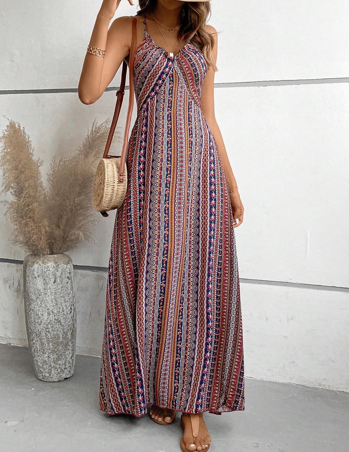Femme Robe Style Ethnique sans Manches Col en V Eté Bohème Plage Robes Elégante Longue Décontractée Taille Haute Ourlet Robe à Fourche