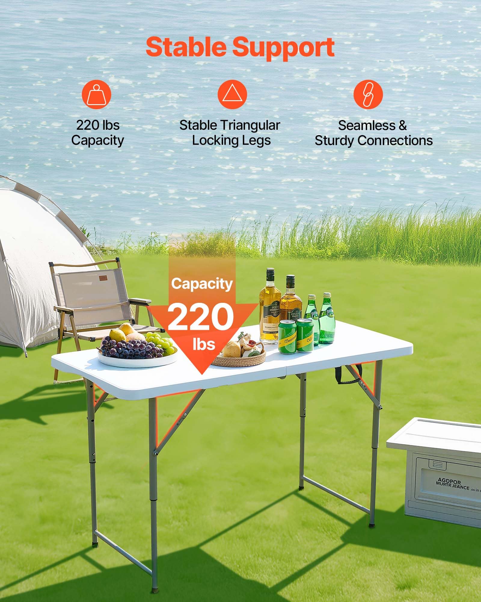 VEVOR Tavolo Pieghevole a Metà, Tavolo in Plastica Resistente Portatile e Rettangolare da 1220x600 mm, con Altezza Regolabile e Maniglia Integrata, per Feste, Cene, Picnic, Campeggio, Bianco