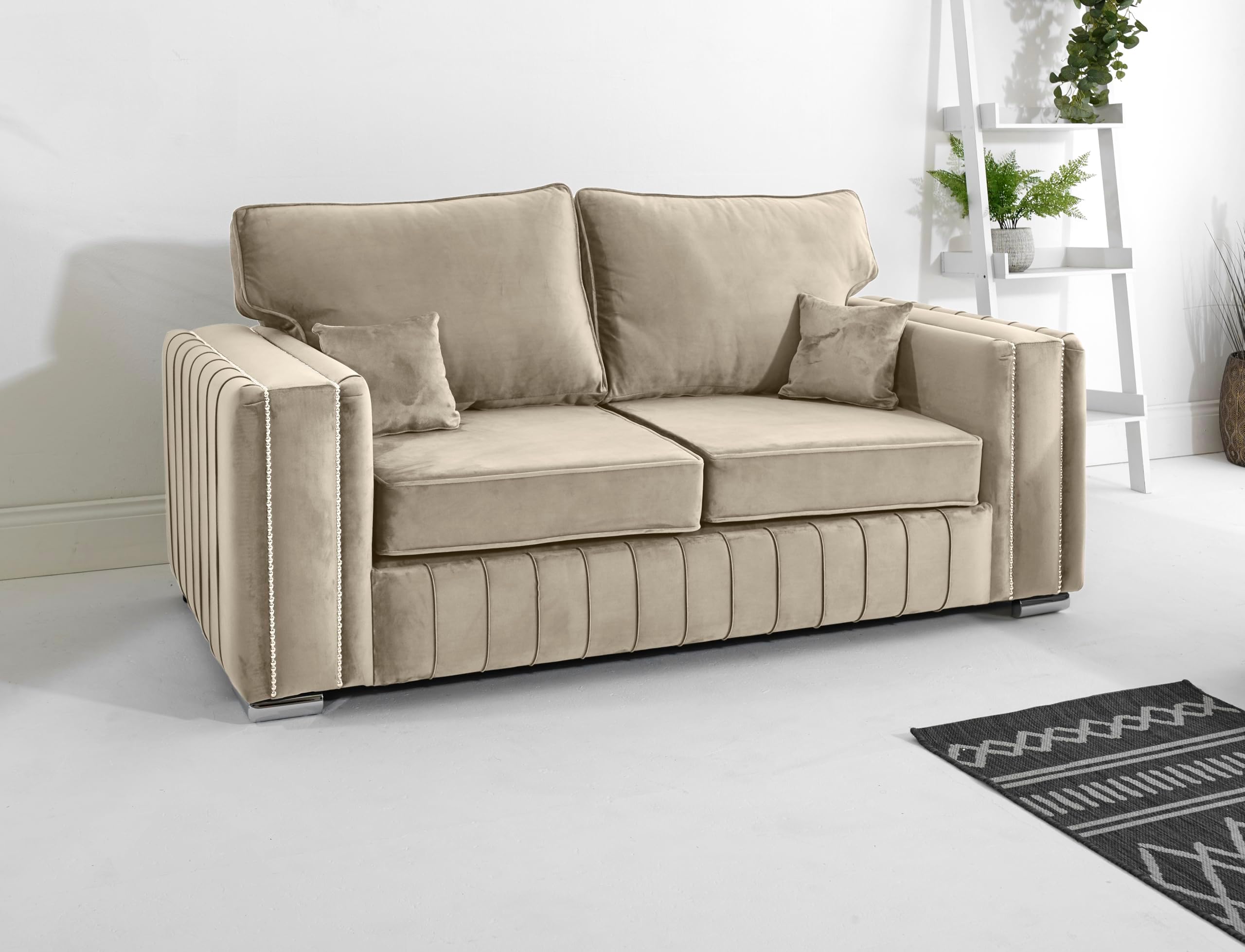 Sofahub Layla Cream Plush Velvet Sofa Set – Fullback with Button Detailing & Foam Cushions – 2 Seater, 3 Seater, Sofabed, 3+2, Corner, Armchair & Coffee Table (Cream, 3 Seater)