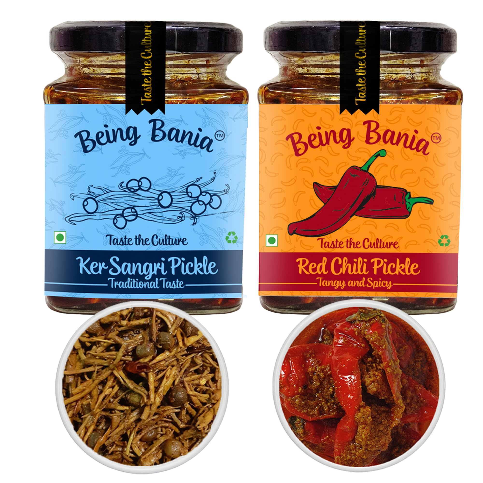 Being Bania Spicy and Tangy Pickle Combo - Stuffed Red Chili Pickle and Ker Sangri Pickle | Chatpata Aachar - 500g | 100% Natural | No Preservatives | No Palm Oil (B0C9X9XNW2) Amazon Price History, Amazon Price Tracker