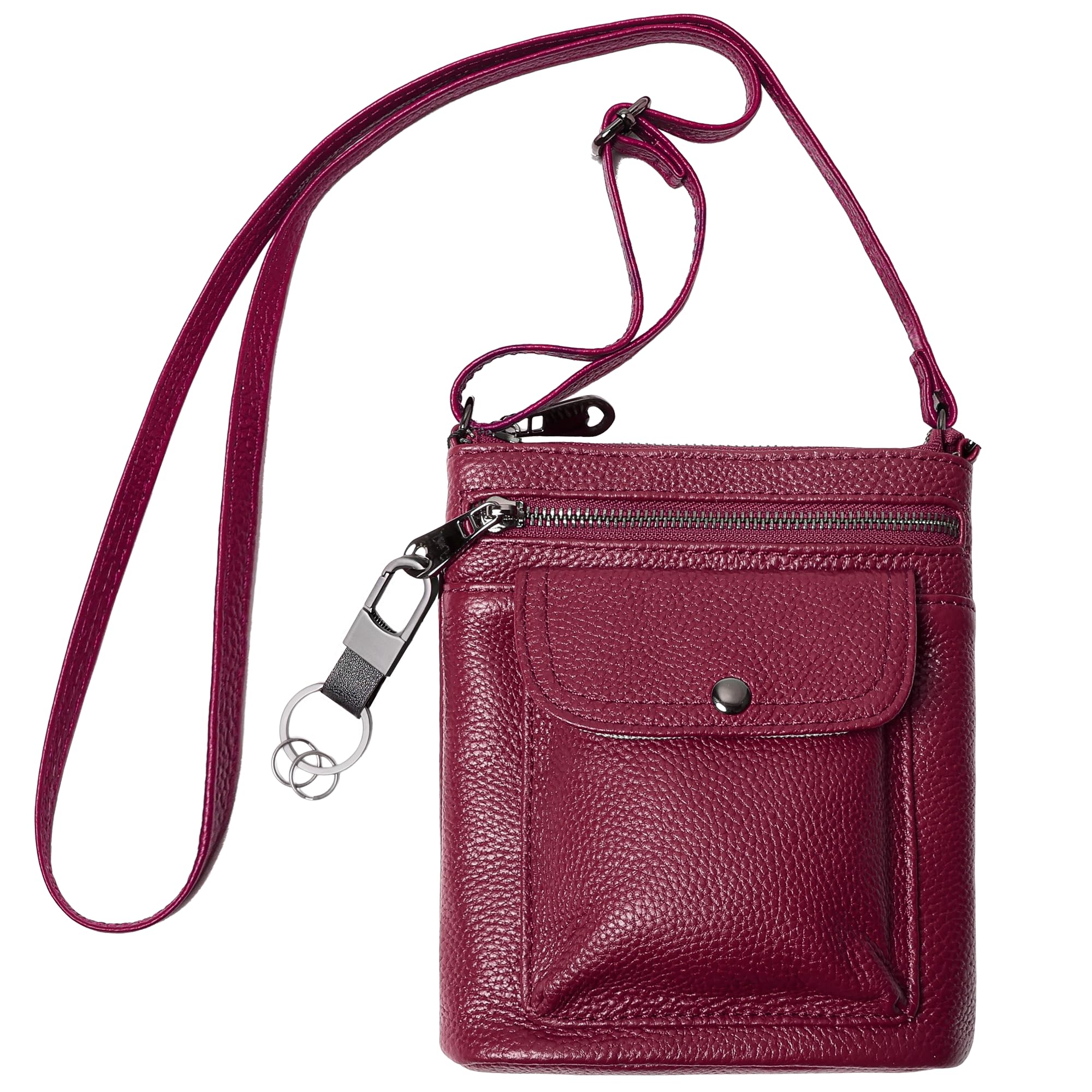 Genuine Leather Adjustable Small Crossbody Phone Purses Key Ring Strap, Travel Zipper Shoulder Handbags, Pockets Credit Card