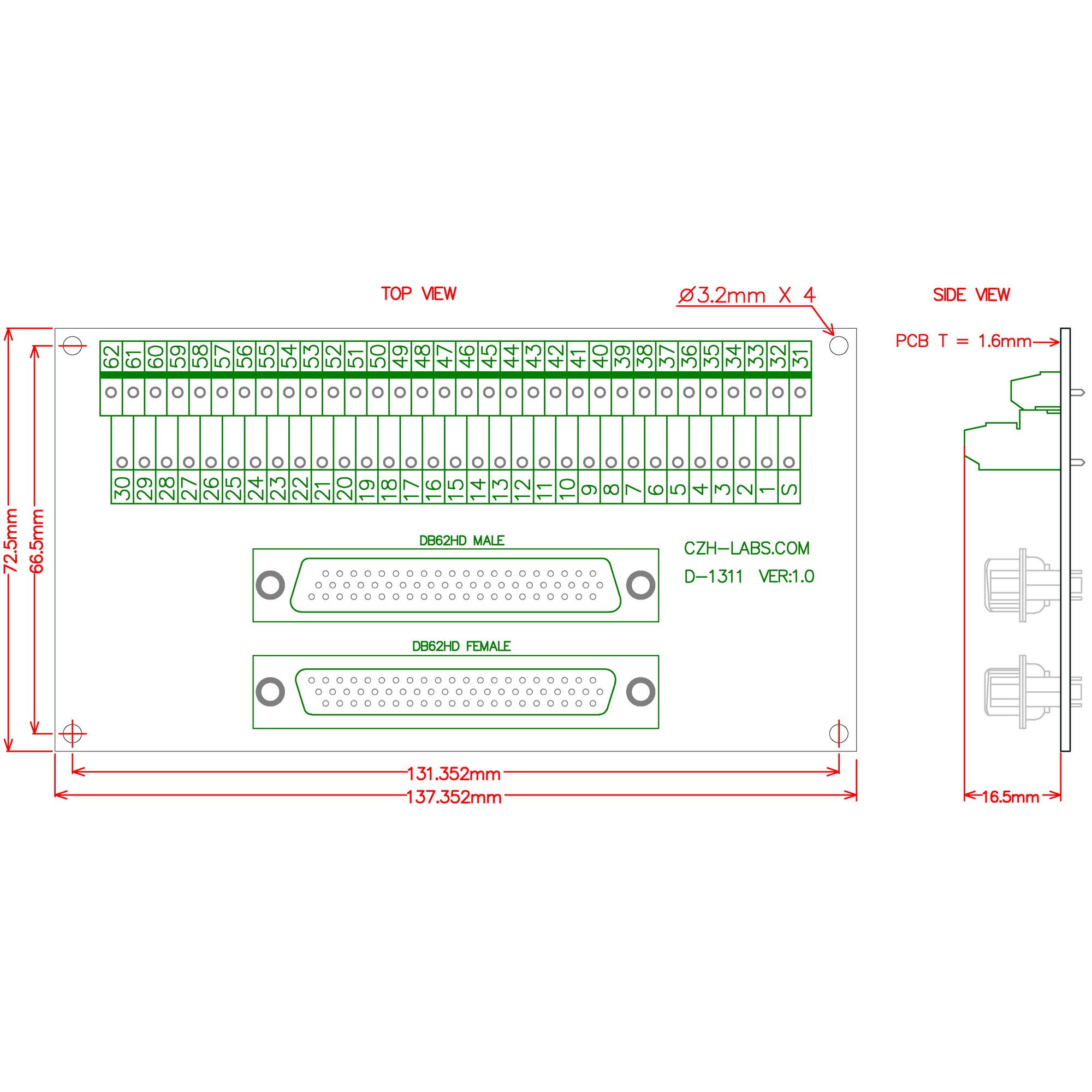 DIN Rail Mount DSUB DB62HD Module d'interface mâle/femelle, carte de dérivation D-SUB.