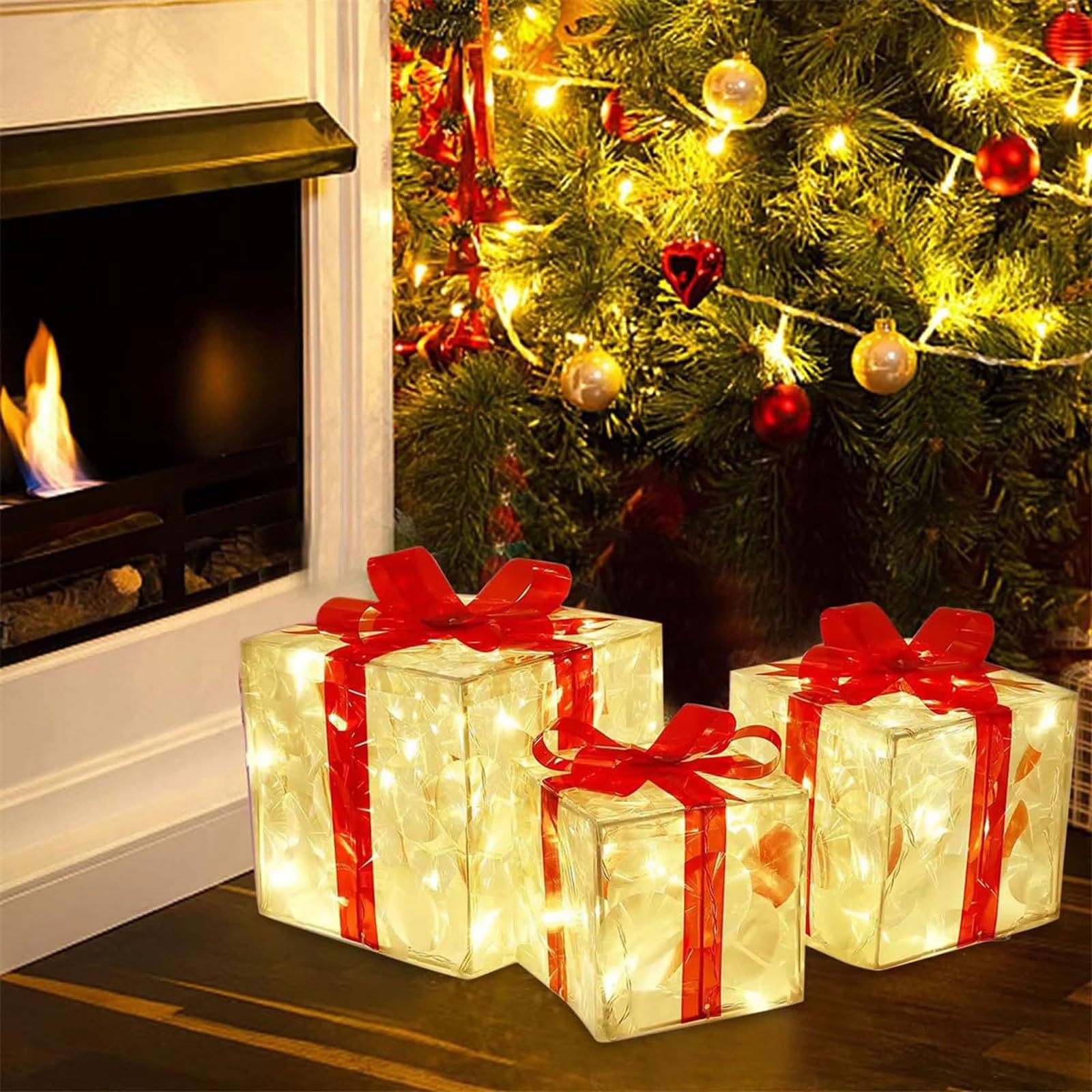 Weihnachtsdekoration, 3er-Pack LED-beleuchtete Geschenkboxen mit Schleife, mehrfarbig, verschiedene Größen(Green)
