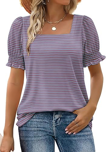 WIHOLL Tops for Women Summer Casual Ruffle Trim Sleeve Square Neck T Shirts