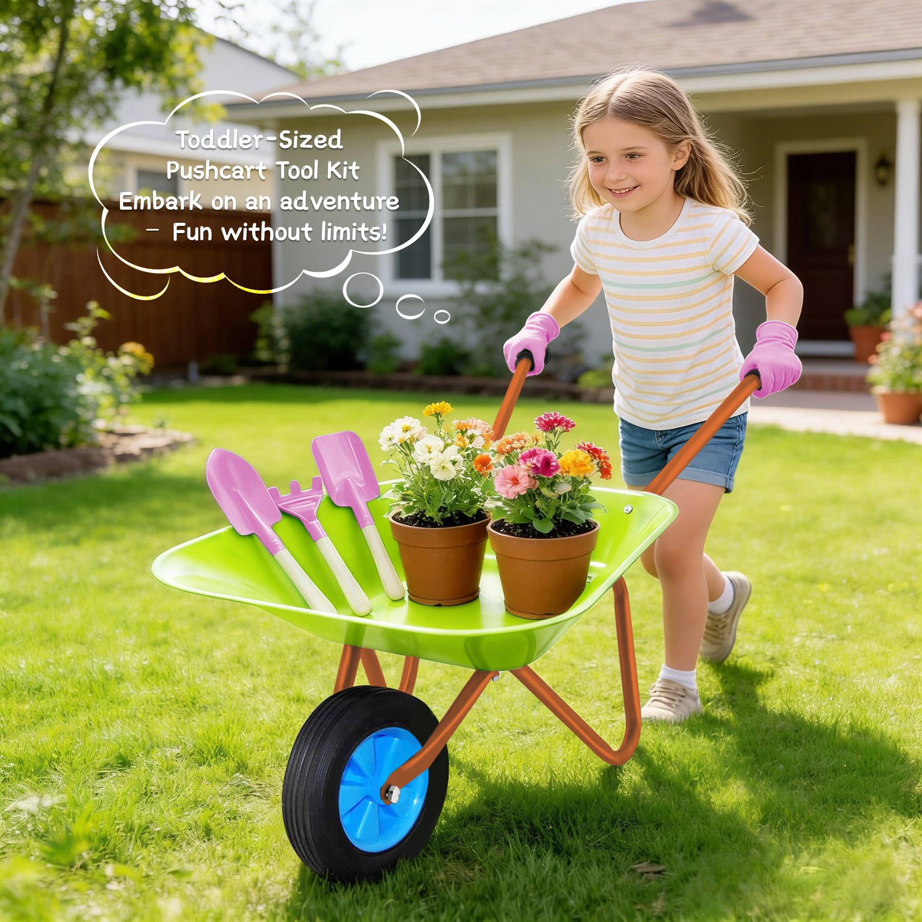 Carriola Bambini Set, Carriola da Giardino in Metallo, Attrezzi da Giardino per Bambini, Kit Giardinaggio Bambini per Giocare All'aperto