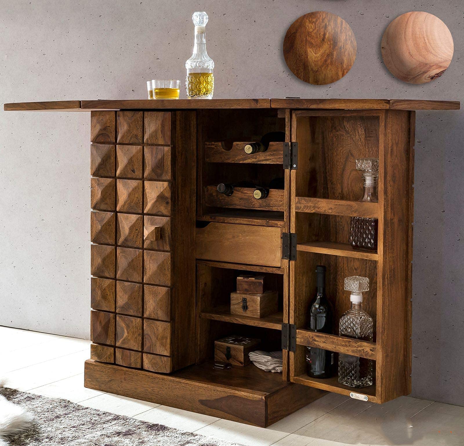 Wood Prints Solid Sheesham Wood Bar Cabinet Liquor with Wine Class Storage for Home Bar, Living Room | (Standard, Dark Honey Brown)-image-40