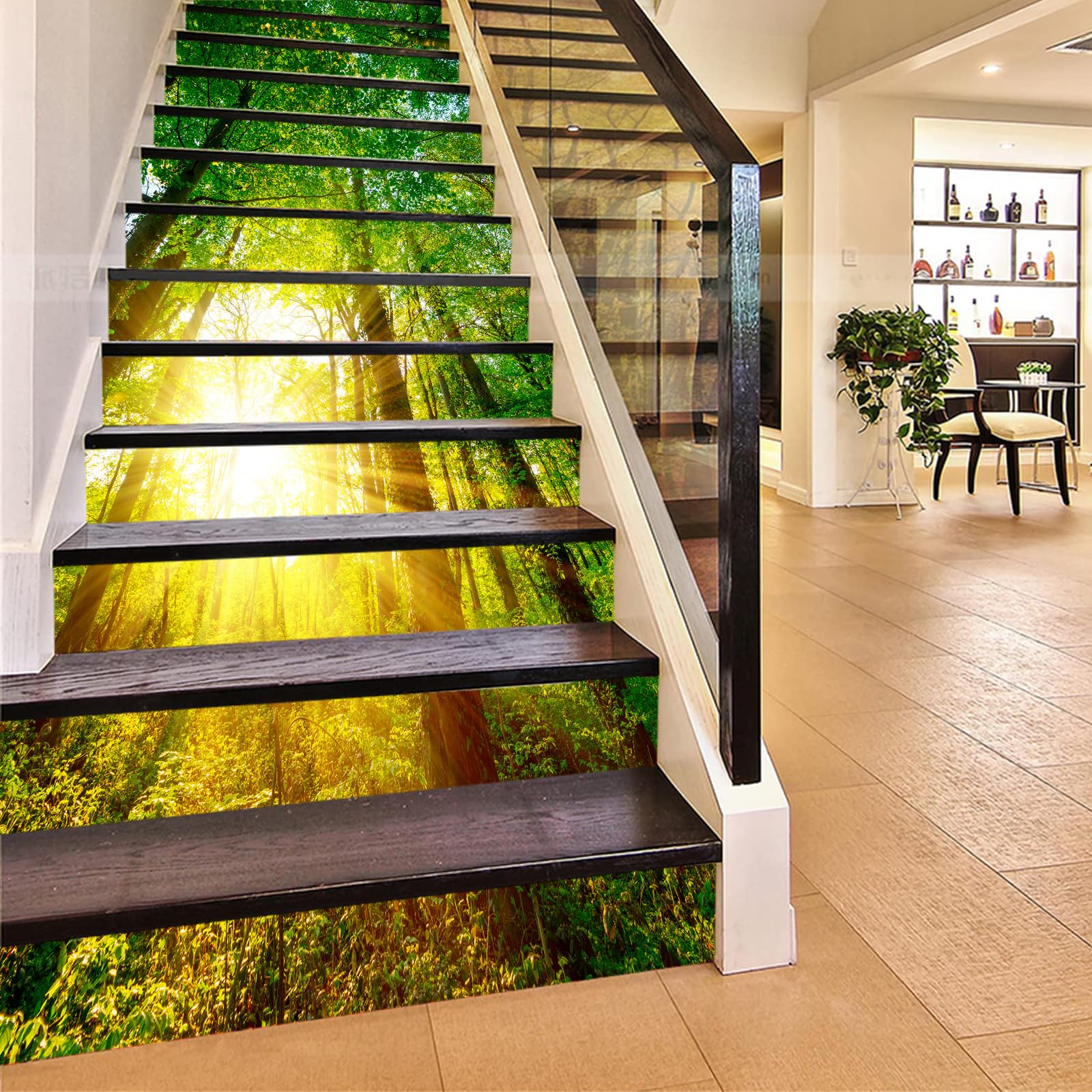Flfk G782 13Pcs Stair Risers Stickers Peel And Sick 39.37"X7.08",Self-Adhesive Staircase Stickers Decals, Sunshine Green Trees Forest Mural Wallpaper For Stair Steps