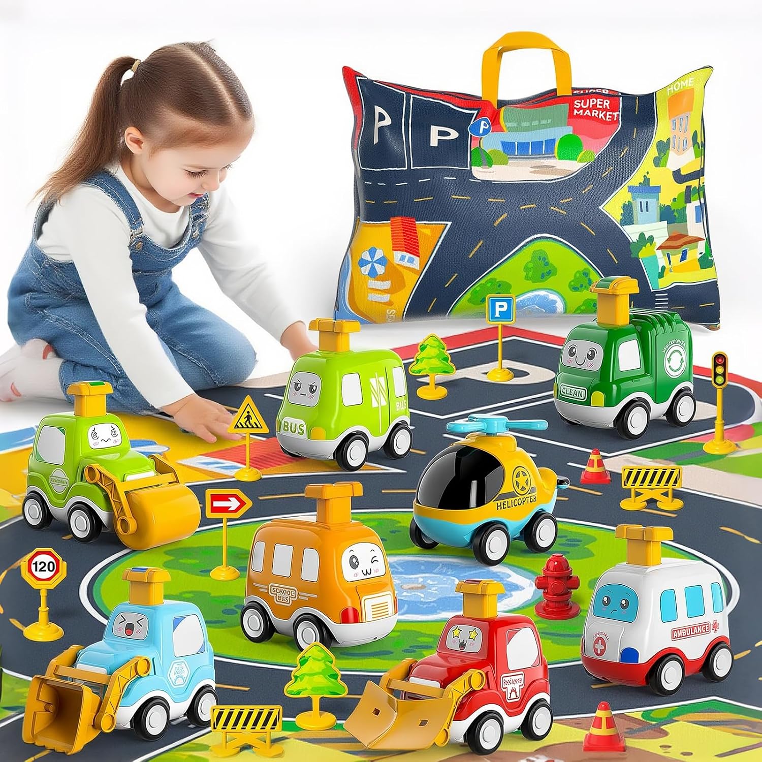 Toy Cars Set 10 Pieces Car Toy Toddlers from 3 Years Pull Back Cars Children Vehicle Play Set Boys Girls Storage Bag Play Mat Cars