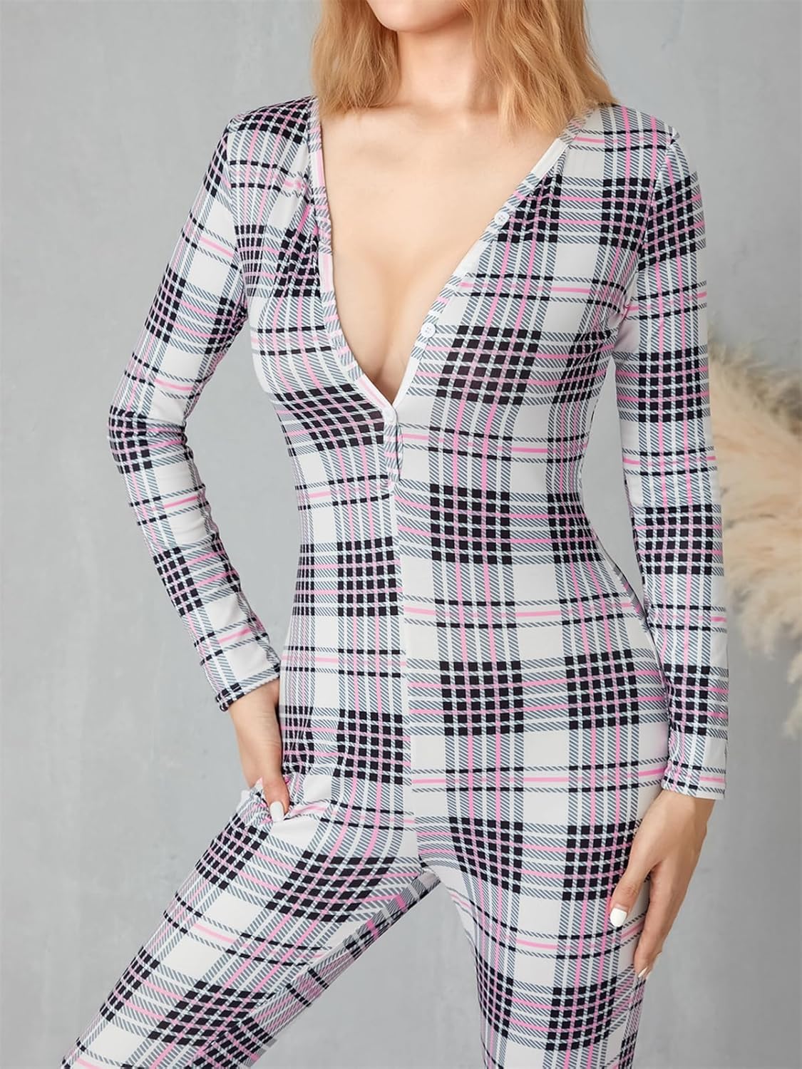 Women Sexy Bodycon Onesie Pajama Heart Print Long Sleeve Button V Neck Jumpsuit One Piece Romper Valentines Sleepwear - Image 4