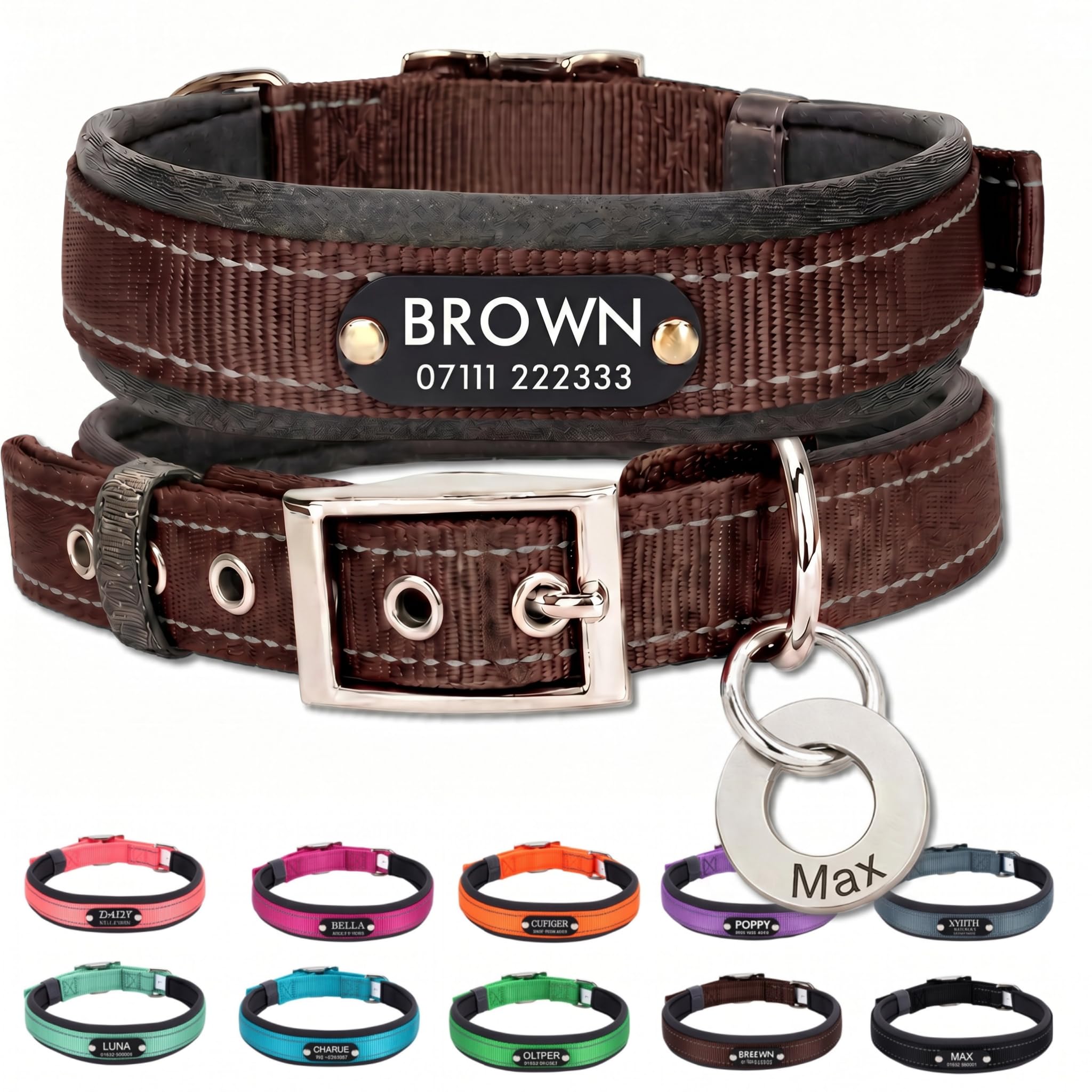 Personalised Nylon Dog Collar with Deep Engraved Name Plate - Reflective Collar UK Dispatched with Custom ID Tag Padded Anti-Chafe Design Name & Phone Number Durable Pet Collar for All Breeds — image 1
