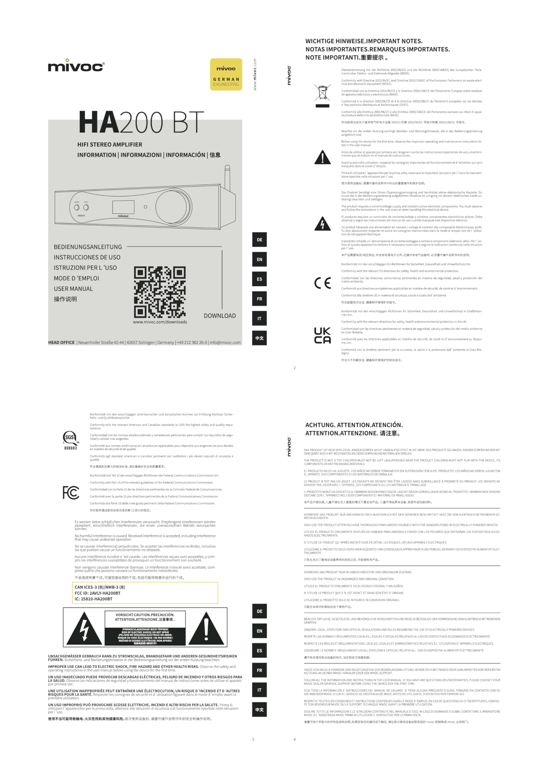 HA200 BT HiFi Verstärker, Stereo Verstärker, 2x100W, Bluetooth, optischer Eingang, Subwoofer Ausgang