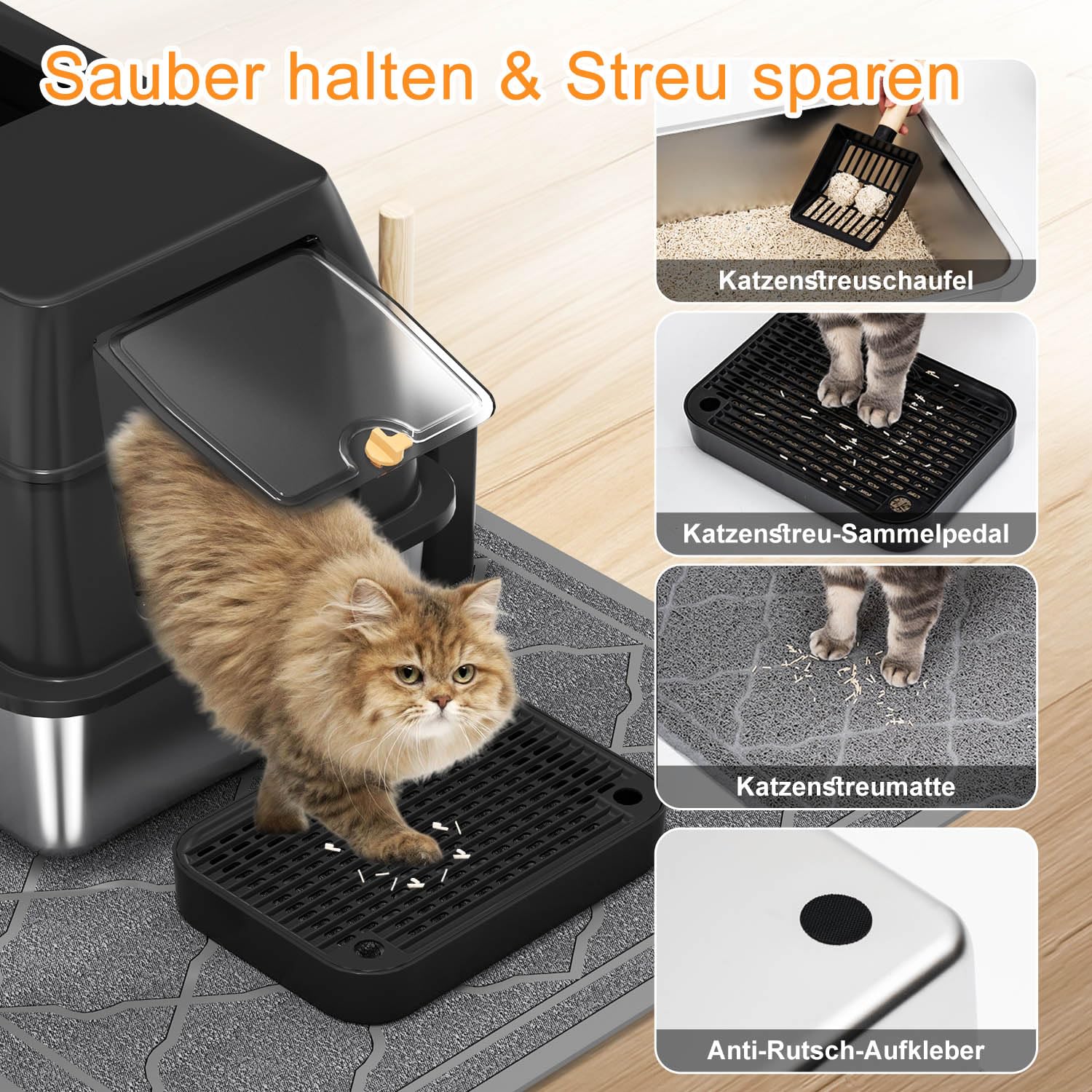 Edelstahl Katzenklo mit Haube, Geschlossene Katzentoilette mit Einstieg vorne & Oben, leicht zu reinigendes Metall Katzenklo für große Katzen - inkl. Katzenstreuschaufel & Matte - Schwarz