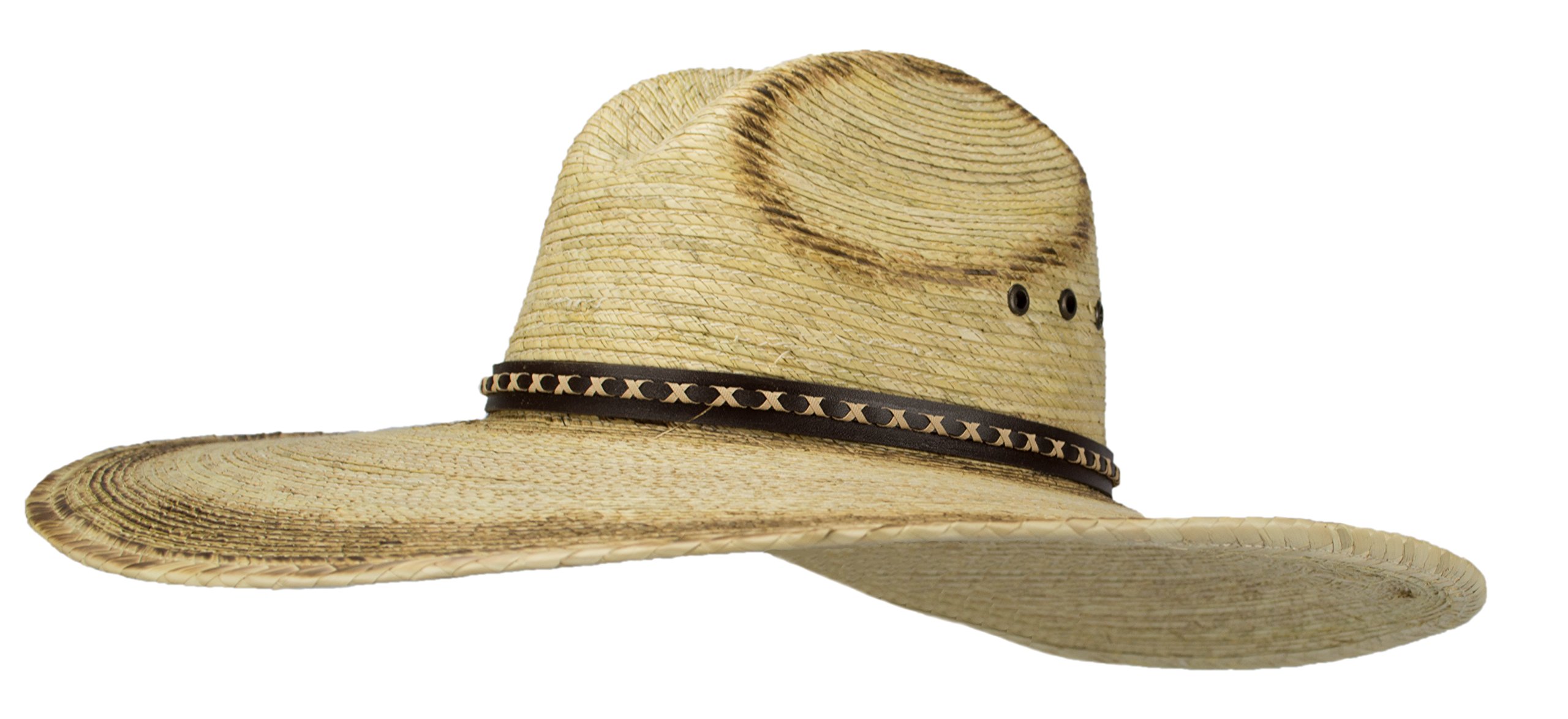 Rising Phoenix Industries Sombreros de Hombre De Palma, Burnt Stain Big Brimmed Western Mexican Palm Leaf Sombrero Buffalo Bill Sharpshooter Cowboy Hat, Flex Fit Natural, Large