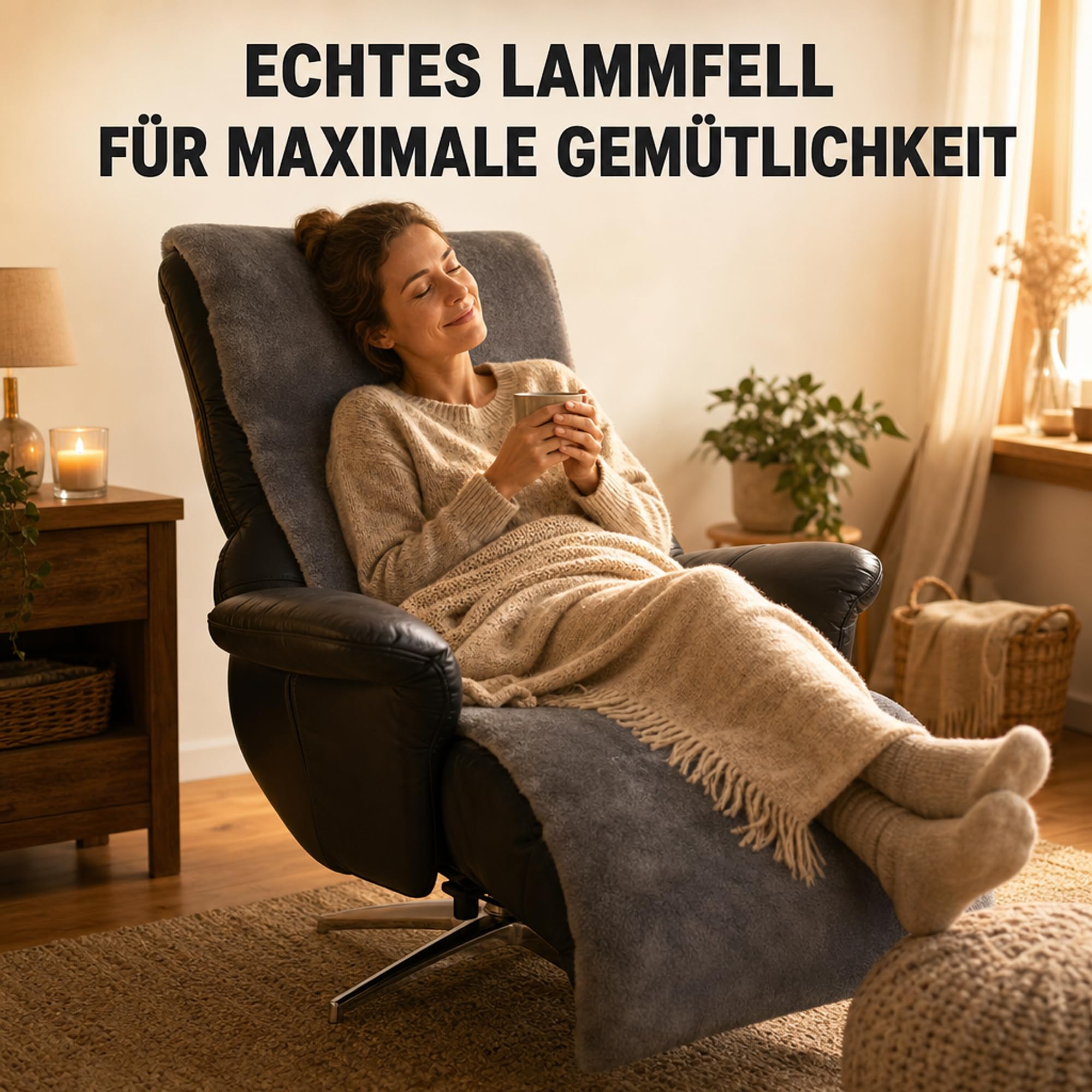 Sesselschoner für Relaxsessel universell komplett aus Lammfell 50 cm Breite (Anthrazit)