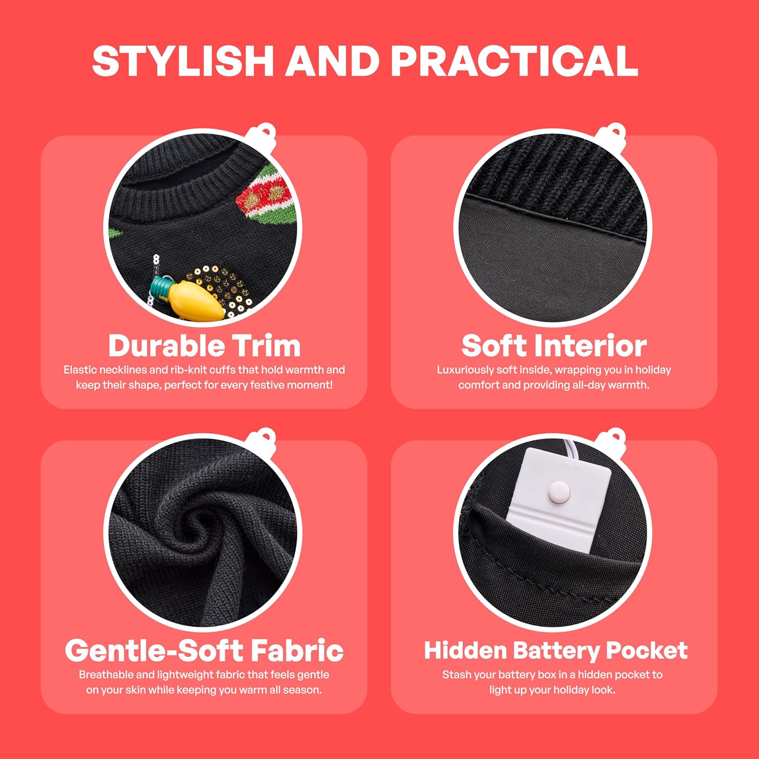 JOYIN Ugly Christmas Sweater Women Men Couples, LED Light Up Ugly Christmas Sweater Kids 2025 String Lights(Black) - Image 4