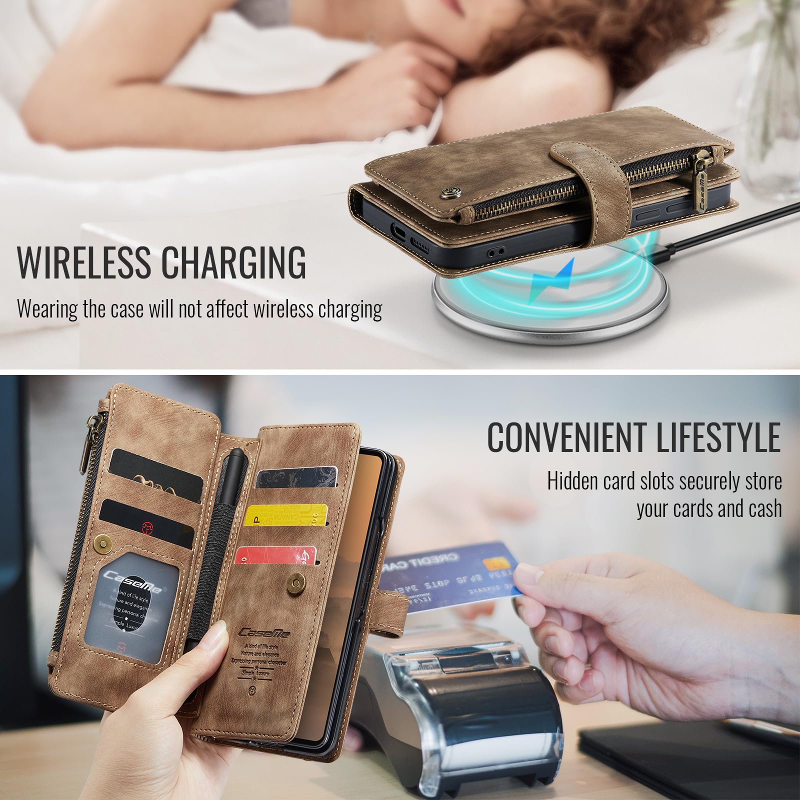 Etui portfelowe ze skóry PU, pasuje do telefonu Samsung Galaxy Z Fold8, przegródki na karty, magnetyczne zamknięcie, podpórka, odporny na wstrząsy pasek na nadgarstek, zamek błyskawiczny o