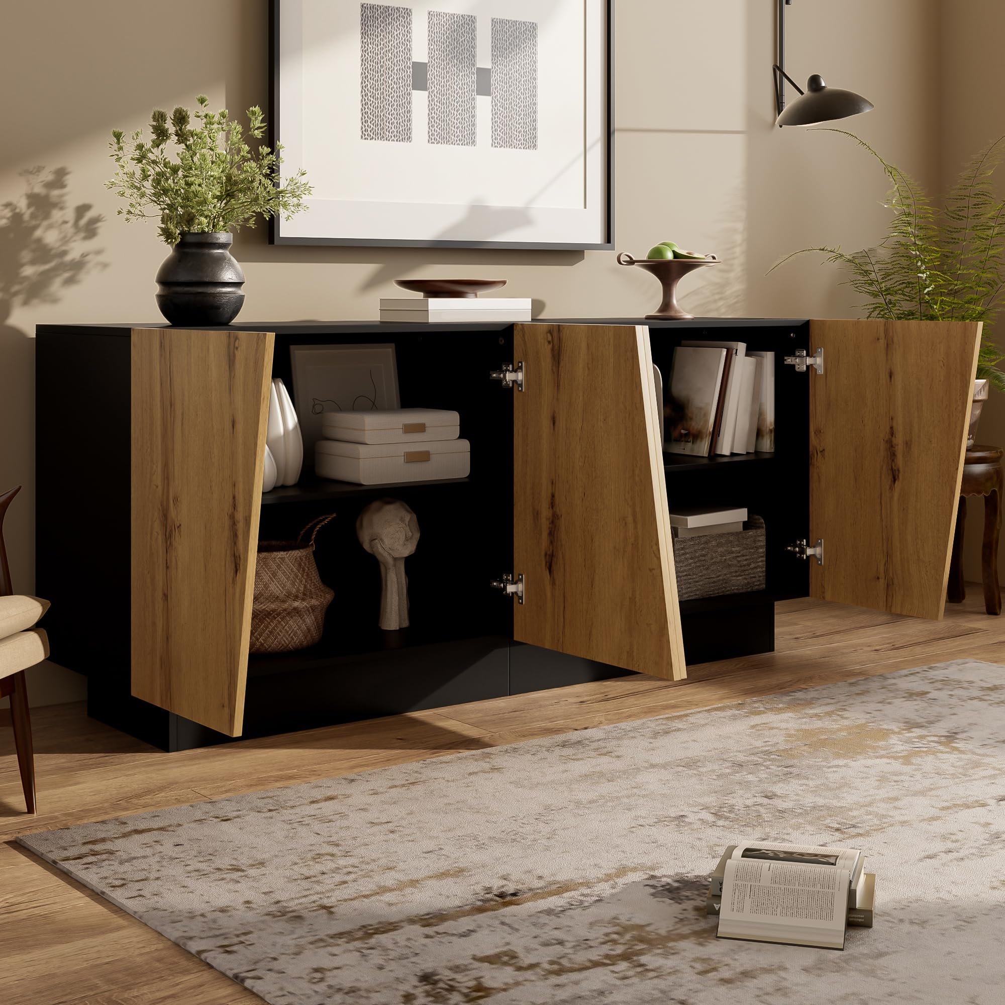 vutizal Aparador blanco con diseño geométrico y curvas, mueble de comedor grande, armario con bisagras silenciosas – Moderno aparador para sala de estar, 160 cm
