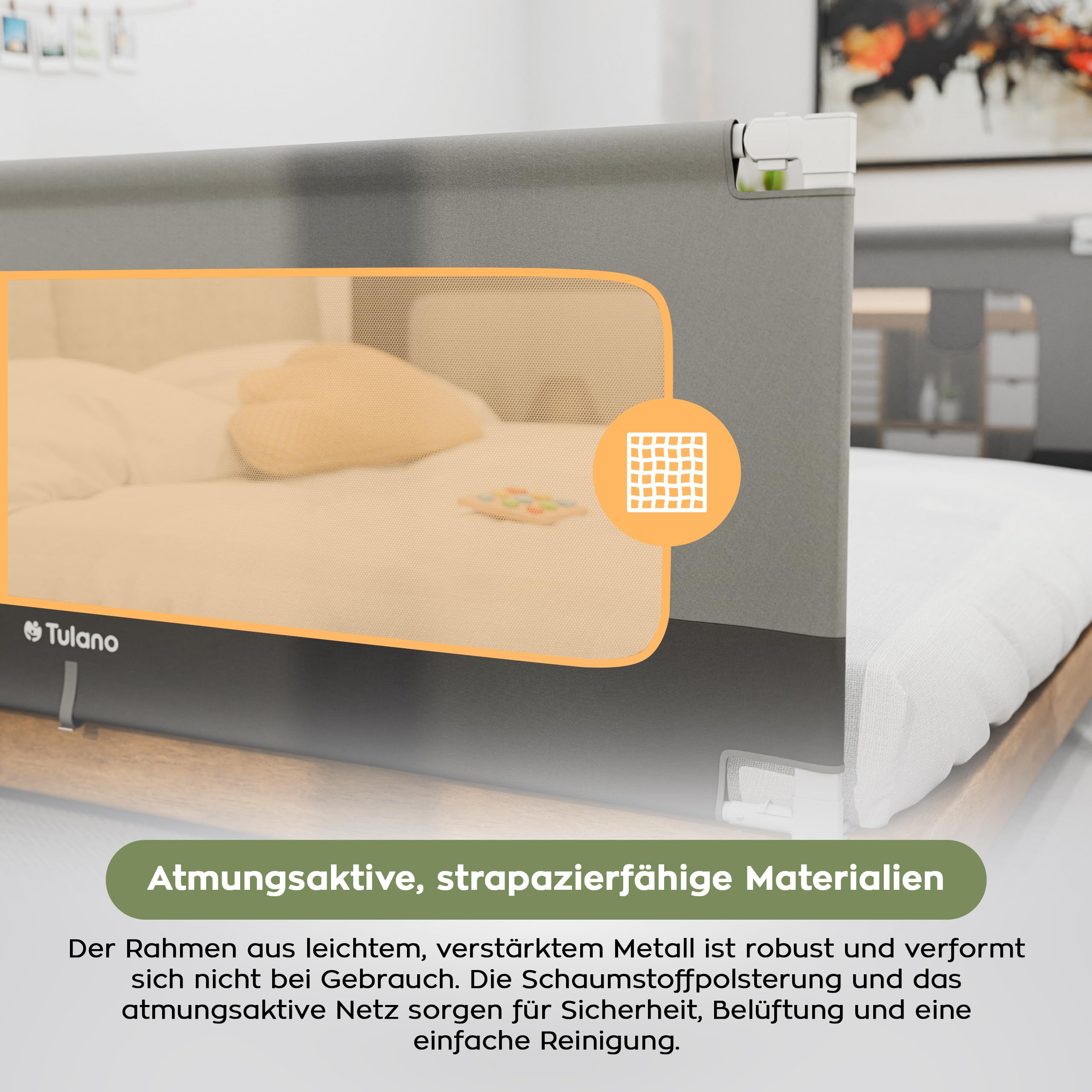 TULANO Cover 46 Bettgitter Kinderbett - Sicherheitsgitter Absenkfunktion - 18-Fach höhenverstellbar - Bettschutzgitter 160 cm - Rausfallschutz für Standardbetten - Für Matratzen 10–28 cm - Grau