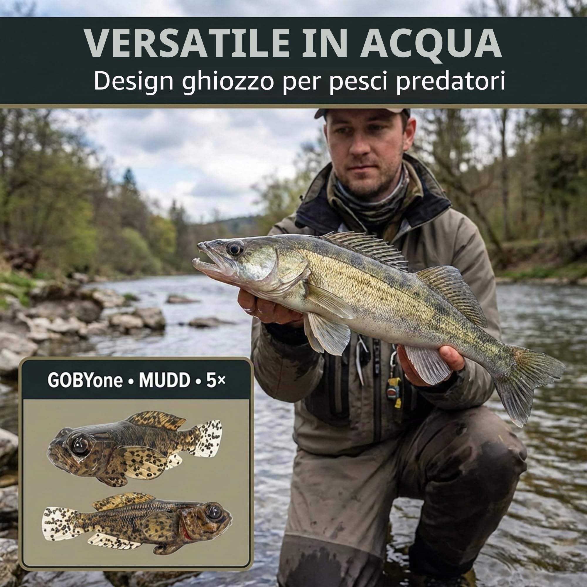 FISHN Set di 5 pesci di gomma GOBYONE 7,6 cm 9 gr ultra realistici per la pesca di pesce persico e
