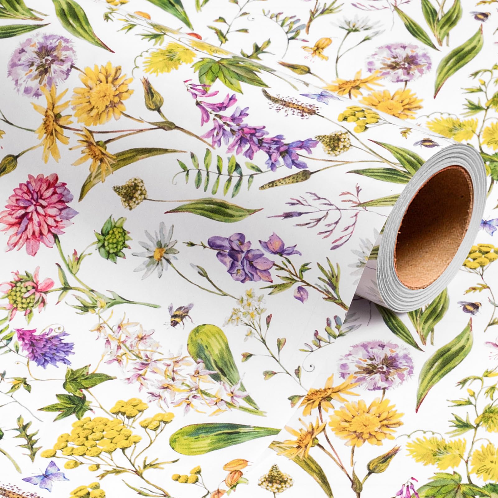 Wikadlik Wildflower Wrapping Paper - 43cm x 5m Multicolor Floral Flowers Gift Wrap Paper Roll for Wedding, Mothers Day, Valentines Day