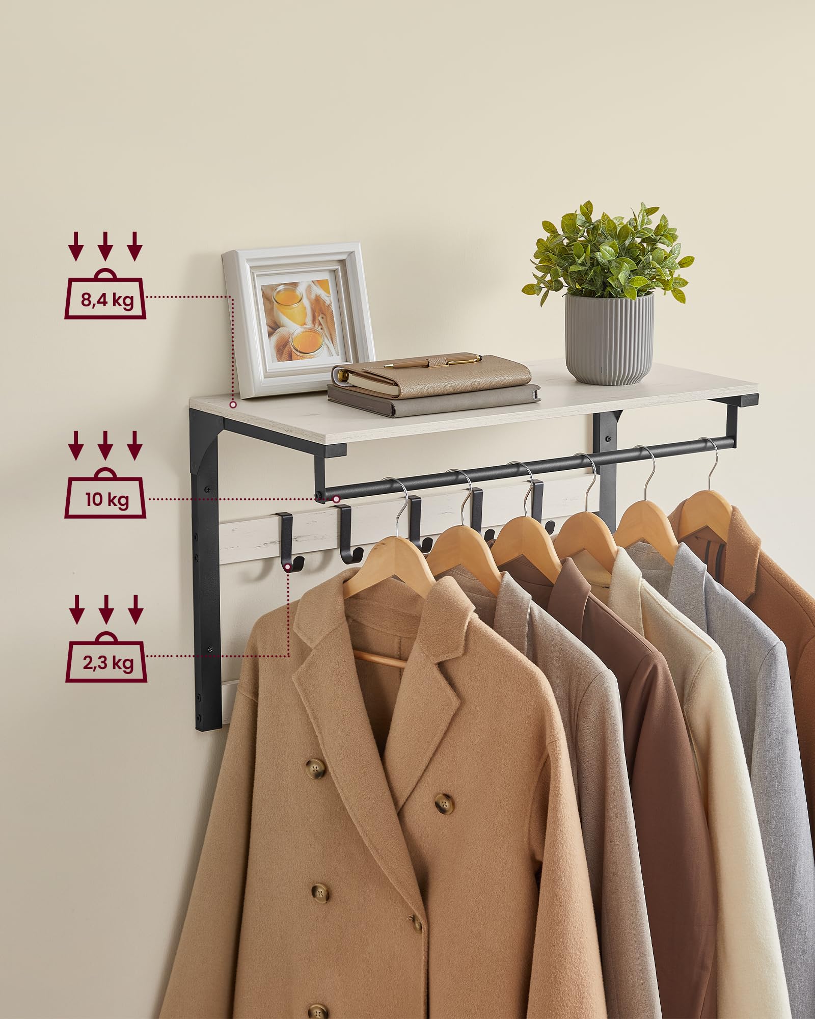 VASAGLE LCR101W03 Porte-manteau mural avec 10 crochets amovibles, porte-manteau avec étagère, pour entrée, chambre à coucher, salle de bain, blanc rustique et noir d'encre