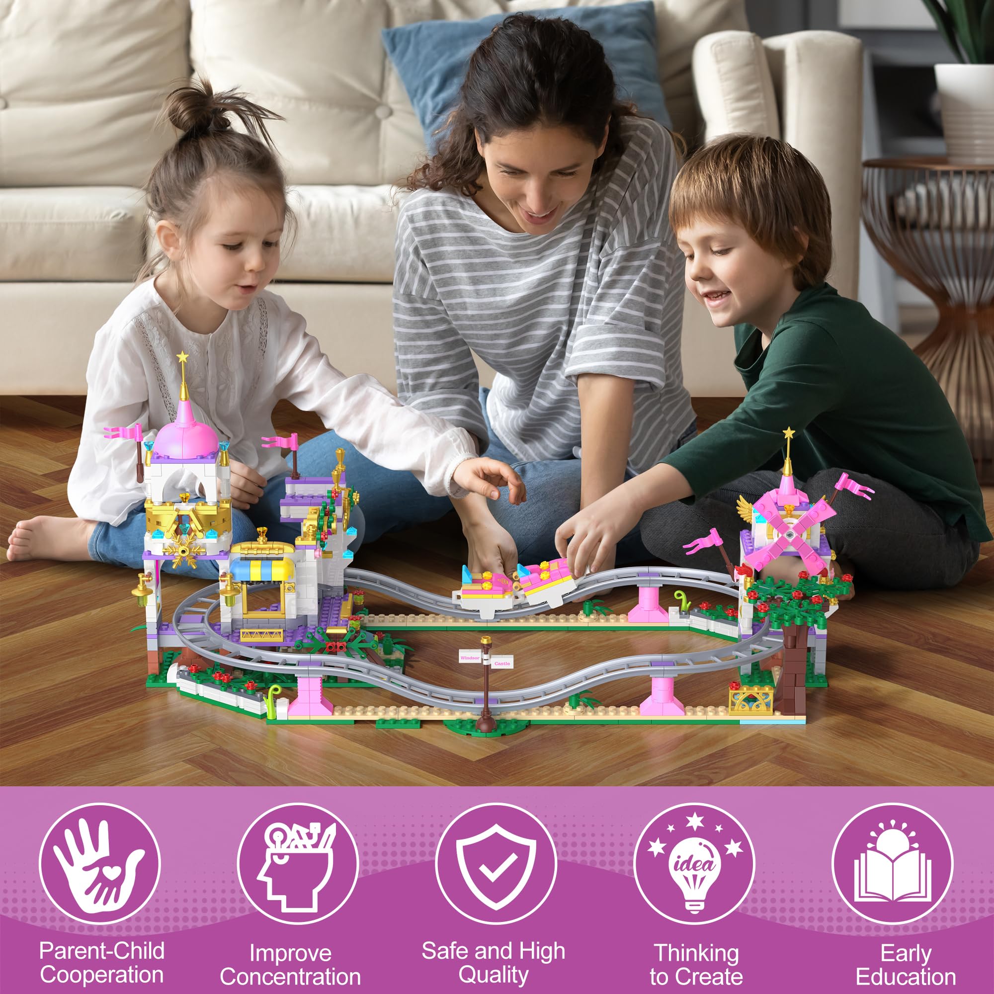 Prinzessin Castillo Montaña Rusa Set de Construcción, 749 PCS Rosa Parque de Atracciones Juguete Carnaval con Casa del Árbol Friends, Molinillo, Regalo para Niñas Chicas de 6+, Pascua, Navidad