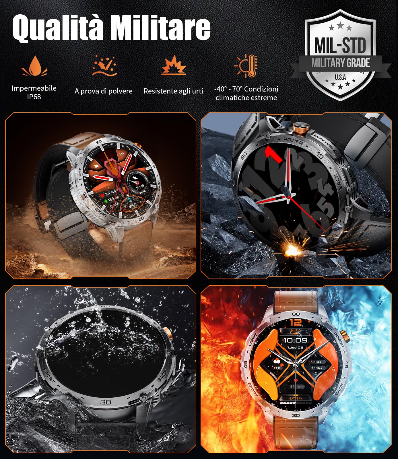 Smartwatch Uomo con Chiamate Bluetooth,1,75'' AMOLED Grande Schermo,5ATM Impermeabile,730 mAh Batteria,Orologio Intelligente con SpO2/Sonno/Cardiofrequenzimetro,100+ Modalità Sportive,per Android IOS