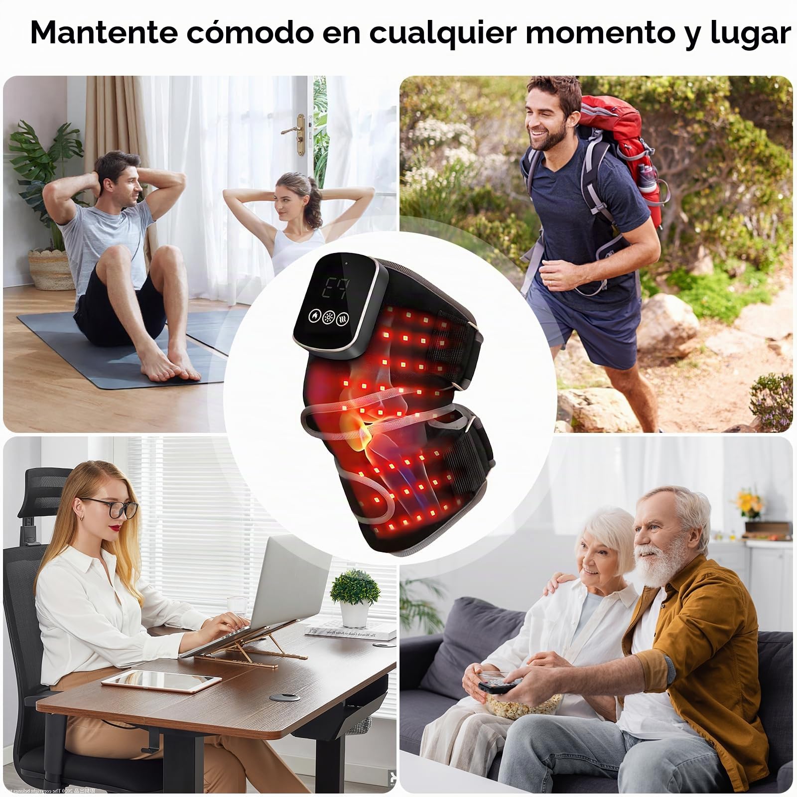 Masajeador de Rodilla Inalámbrico con Pantalla Táctil, 3 Niveles Calor, 3 Modos Masaje, Luz Roja de Doble Longitud de Onda (660 nm y 850 nm) y 5000 mAh para Artritis y Lesiones Muscular