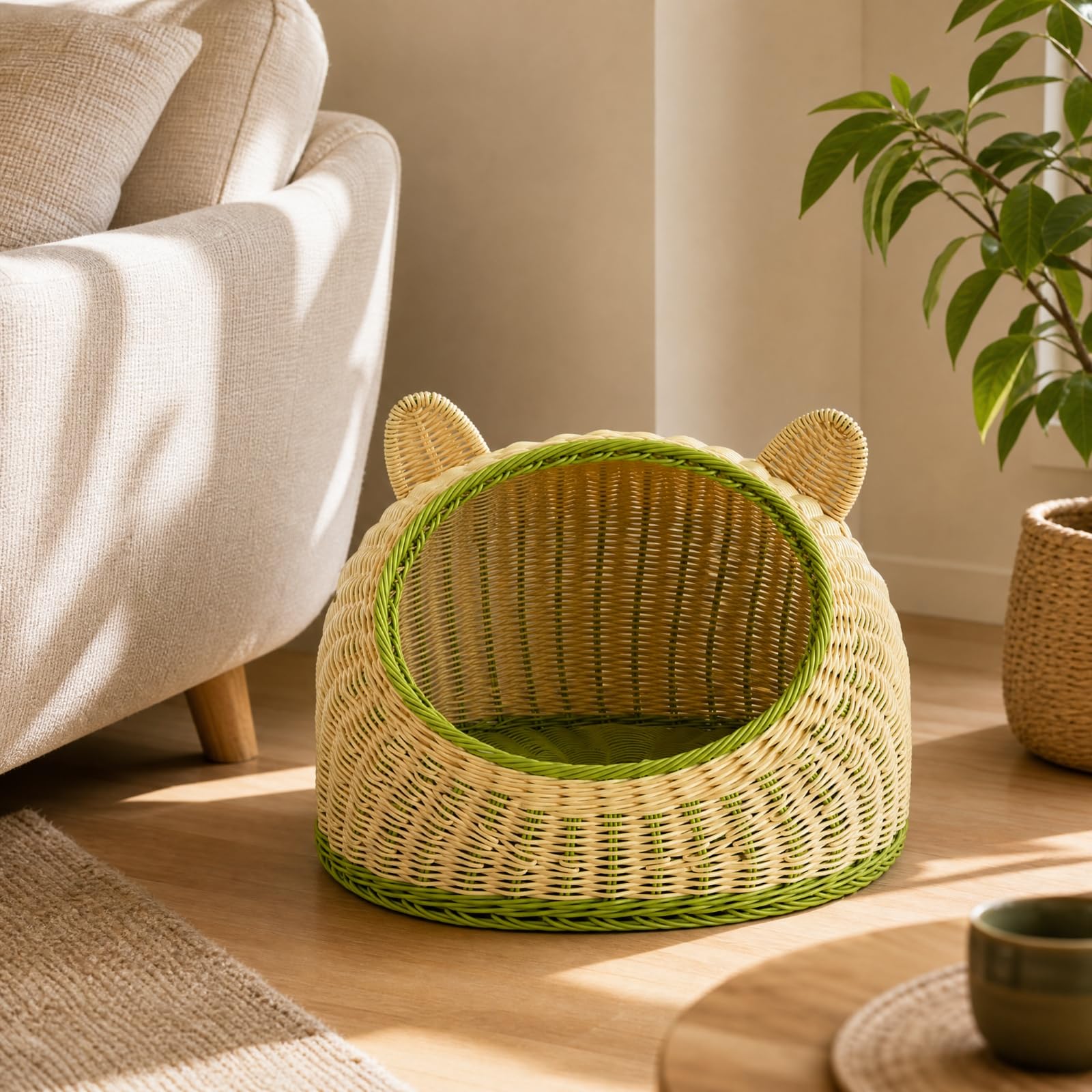 Tejido para con Entrada Frontal y Laterales Elevadas Cesta Mimbre PP con Diseño Cuna Abierta para Ventilación Refugio Mascota con talles Orejas Acuado, Marrón, L