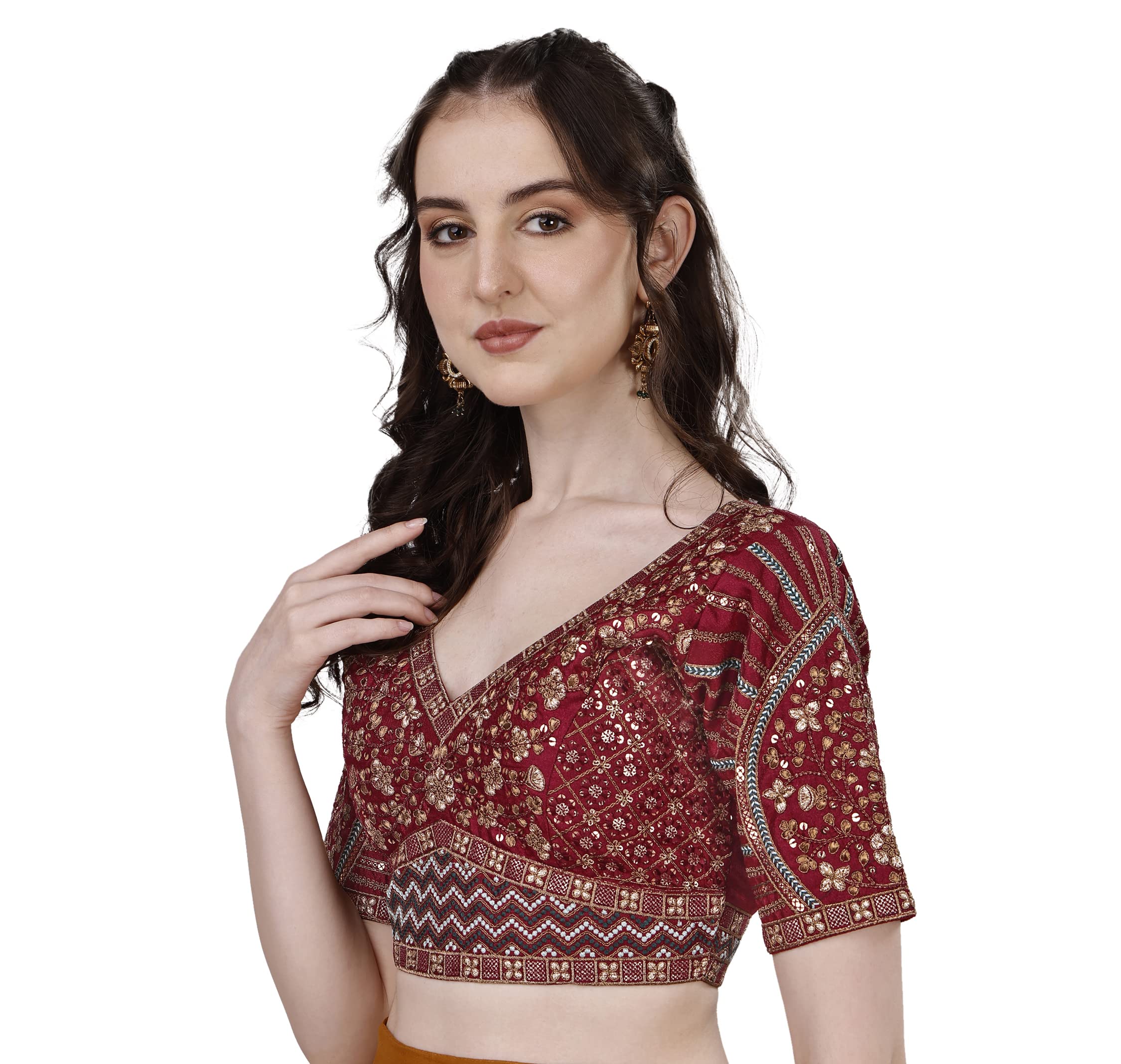 Pujia Mills Mills Women's Fancy Readymade Heavy Coding Embroidary Worked Half Sleeve Maroon Saree Blouse(Mushroom Maroon_42)