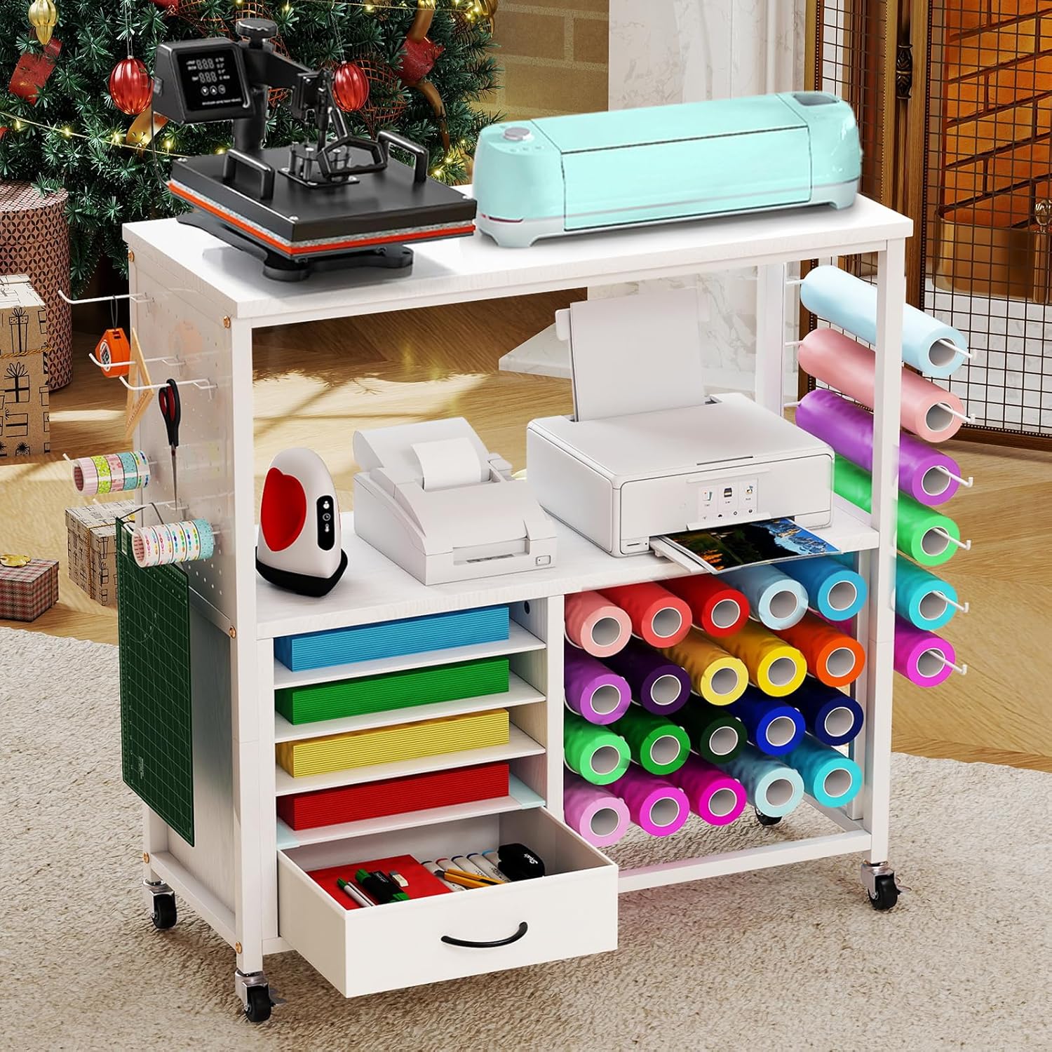 Craft Storage Cart, Compatible with Cricut Cutting Machines, Features a Vinyl Roll Holder and Drawers,A Mobile Storage Table for Crafting Tools and Accessories, Suitable for Studios, Offices