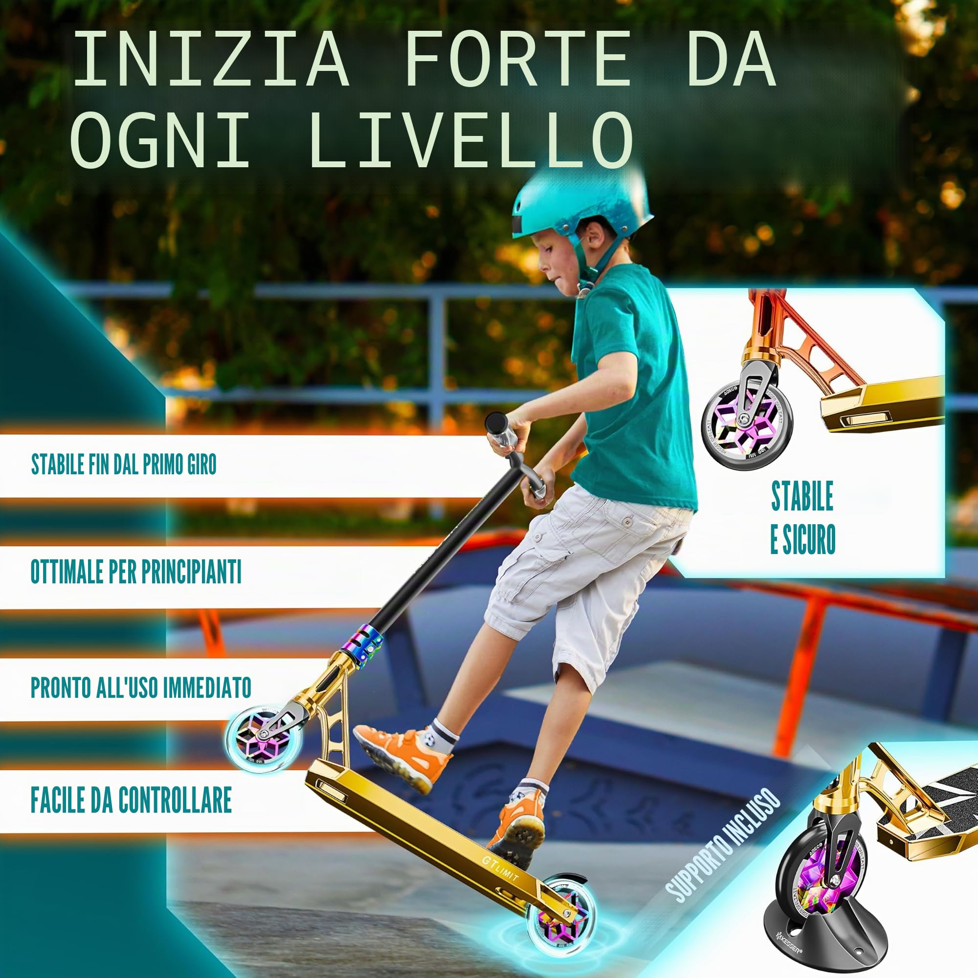 KESSER® monopattino acrobatico GT-Limit 360° sterzo divertente acrobatico con supporto ABEC 9 cuscinetti a sfera, ruote in PU da 110 mm, Scooter