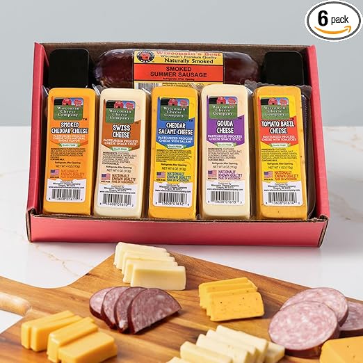 Wisconsin Cheese Company - Specialty Cheese & Summer Sausage Gift Box - 100% Wisconsin Gouda, Smoked Cheddar, Salami, Tomato Basil Cheddar, Swiss (Pack of 5 Blocks) | Perfect for Parties, Charcuterie Boards and Birthdays | Great Birthday Gift