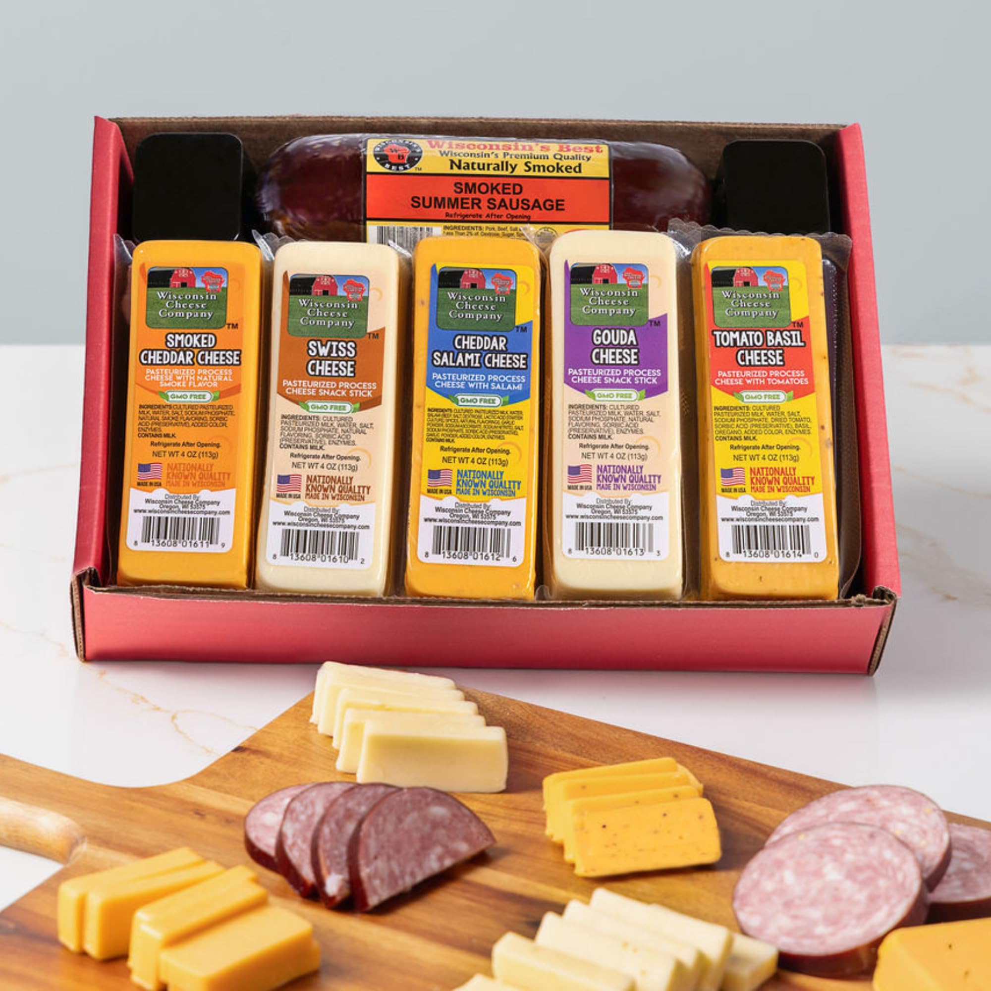 Wisconsin Cheese Company - Specialty Cheese & Summer Sausage Gift Box - 100% Wisconsin Gouda, Smoked Cheddar, Salami, Tomato Basil Cheddar, Swiss (Pack of 5 Blocks) | Perfect for Parties, Charcuterie Boards, and Holiday Gifts