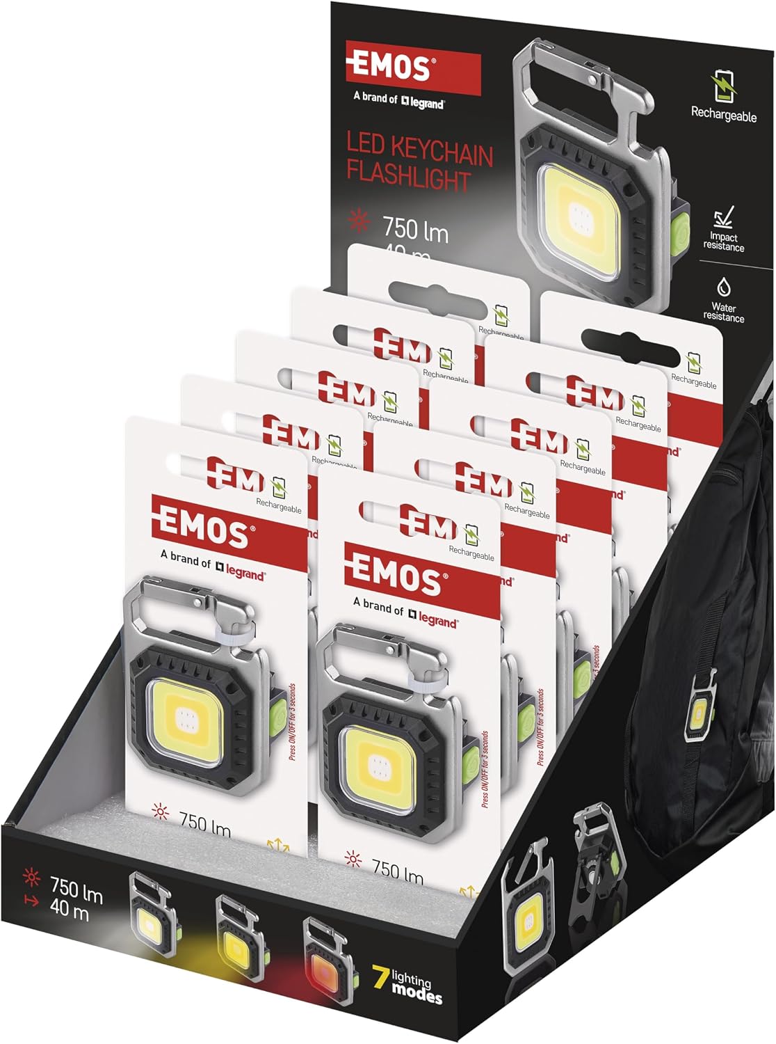 EMOS Mini LED Work Light with 7 Light Modes, Small Rechargeable Backpack Light, Waterproof Workshop Light with Magnet/Stand/Clip, Shockproof Battery Light for Emergency, Family Pack of 10