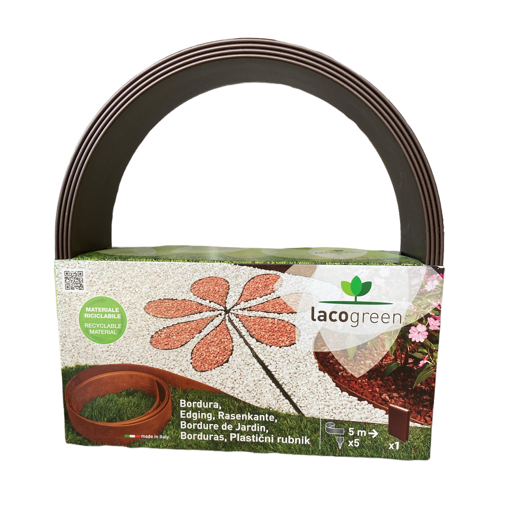 Bordura Flessibile per Aiuole Giardino Lunghezza 5mt Altezza 12cm e 5 picchetti (Marrone)