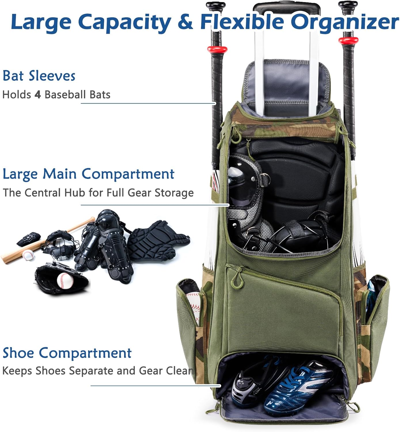 Rolling Baseball Bag with Wheels – 60L Youth Baseball Equipment Bag Holds 4 Bats, Wheeled Baseball Bag with Shoe Compartment & Fence Hook, Rolling Softball Bag for Boys & Girls 8-