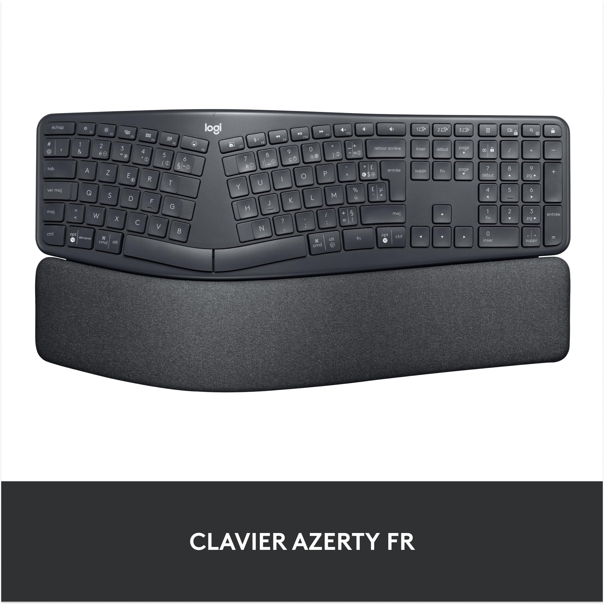 Logitech Ergo K860 Clavier Ergonomique sans Fil - en Deux Parties, Repose Poignet, Frappe Naturelle, Bluetooth et Connectivité USB, Compatible avec PC & Mac, Clavier Français AZERTY - Gris