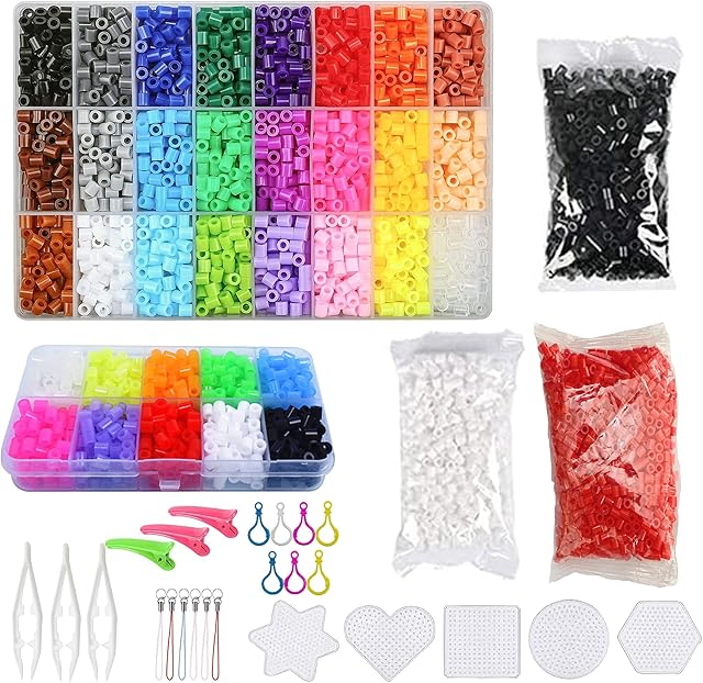 Allazone Fuse Beads Kit Ironing Beads Sets Includes 5MM Beads, Pegboard Plates, Patterns, Tweezers for Making DIY Art and Craft (24 Color)