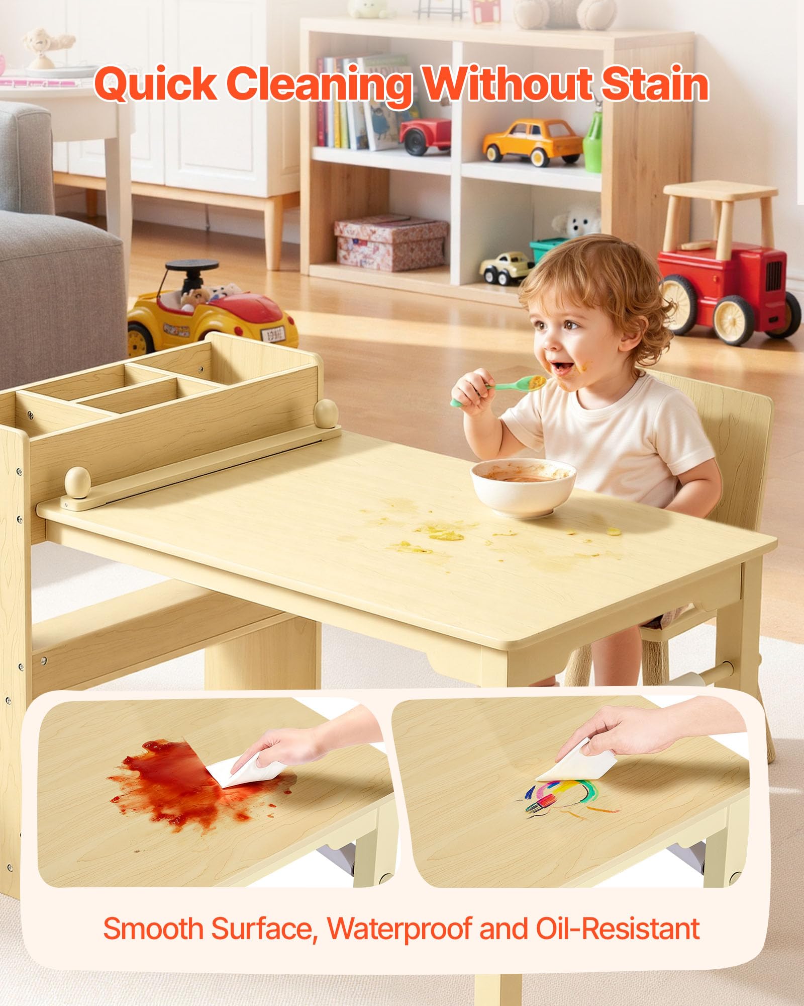 VEVOR Table d'art pour Enfants avec 2 Chaises, Bureau d'Activité avec Étagères de Rangement 3 Niveaux, Kit en Bois pour Tout-Petits, pour Lecture Dessin Bricolage Apprentissage Écriture, Bois Clair