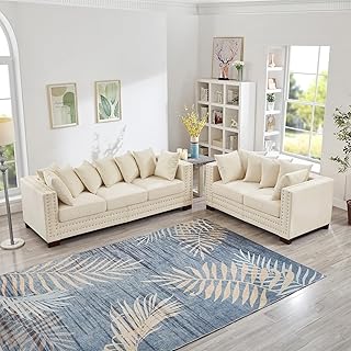Antetek Couch and Loveseat Set with Storage, Chesterfield Mid Century Vintage Velvet Fabric Deep Seat Comfy Sofa Couch with 14 Throw Pillows, Nailhead Trim for Living Room Bedroom Office, Beige