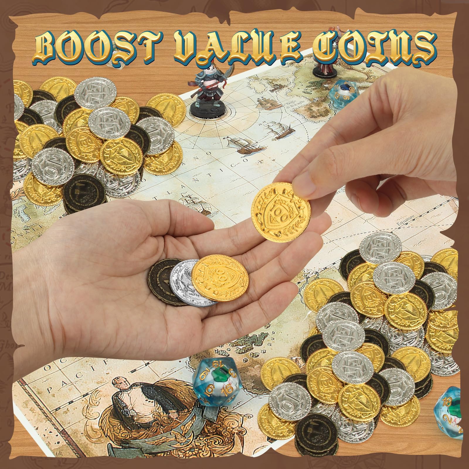 Byhoo 150 metalowych monet DND, 1,2", złote, srebrne, miedziane, o wartości nominalnej, do gry planszowej i RPG, Fantasy metalowe monety dla piratów, do zabawy, na imprezę, cosplay