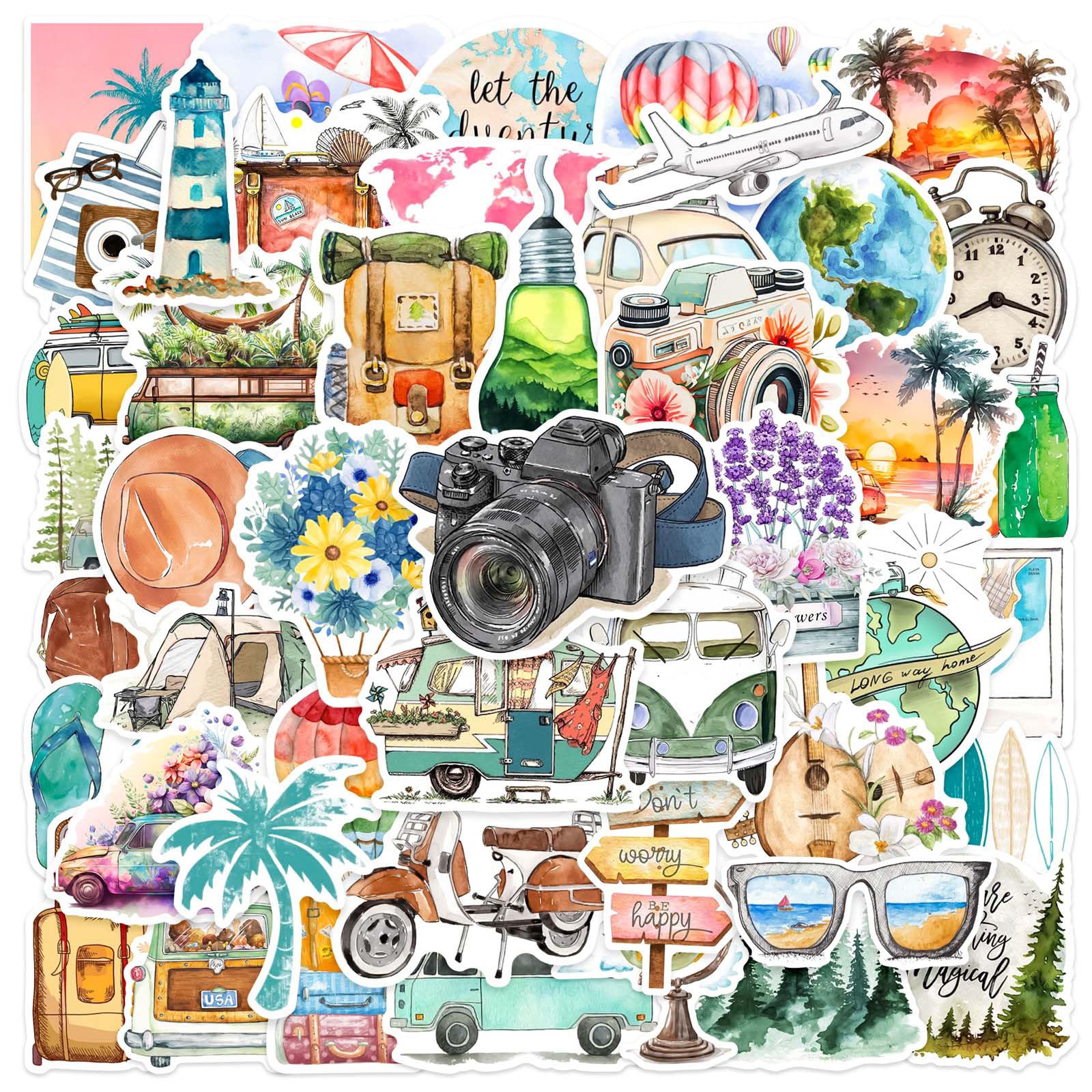 NATOSU 50 adesivi da viaggio in mini dimensioni, adesivi da viaggio, accessori per scrapbooking, adesivi decorativi per diario, taccuino, album per bottiglie d'acqua, custodia per cellulare, laptop