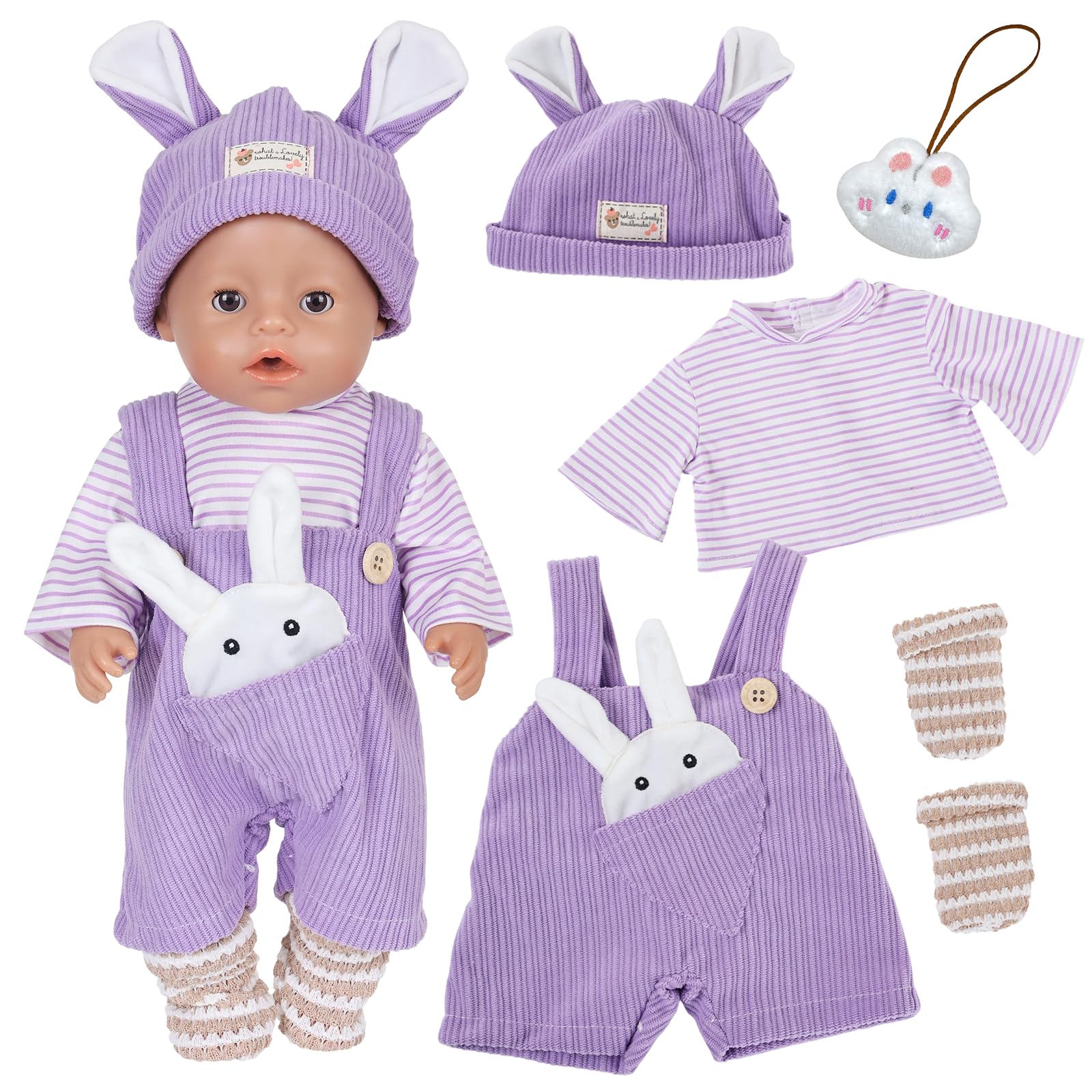 5-Pcs Purple Doll Clothes Set for 35-43cm Dolls, Cute Baby Doll Clothes Outfits: 1 Purple Bunny Onesie + 1 Top + 1 Bunny Ear Hat + 1 Socks+1 Bunny Accessory for 16-18 Inch Doll Accessories Gift