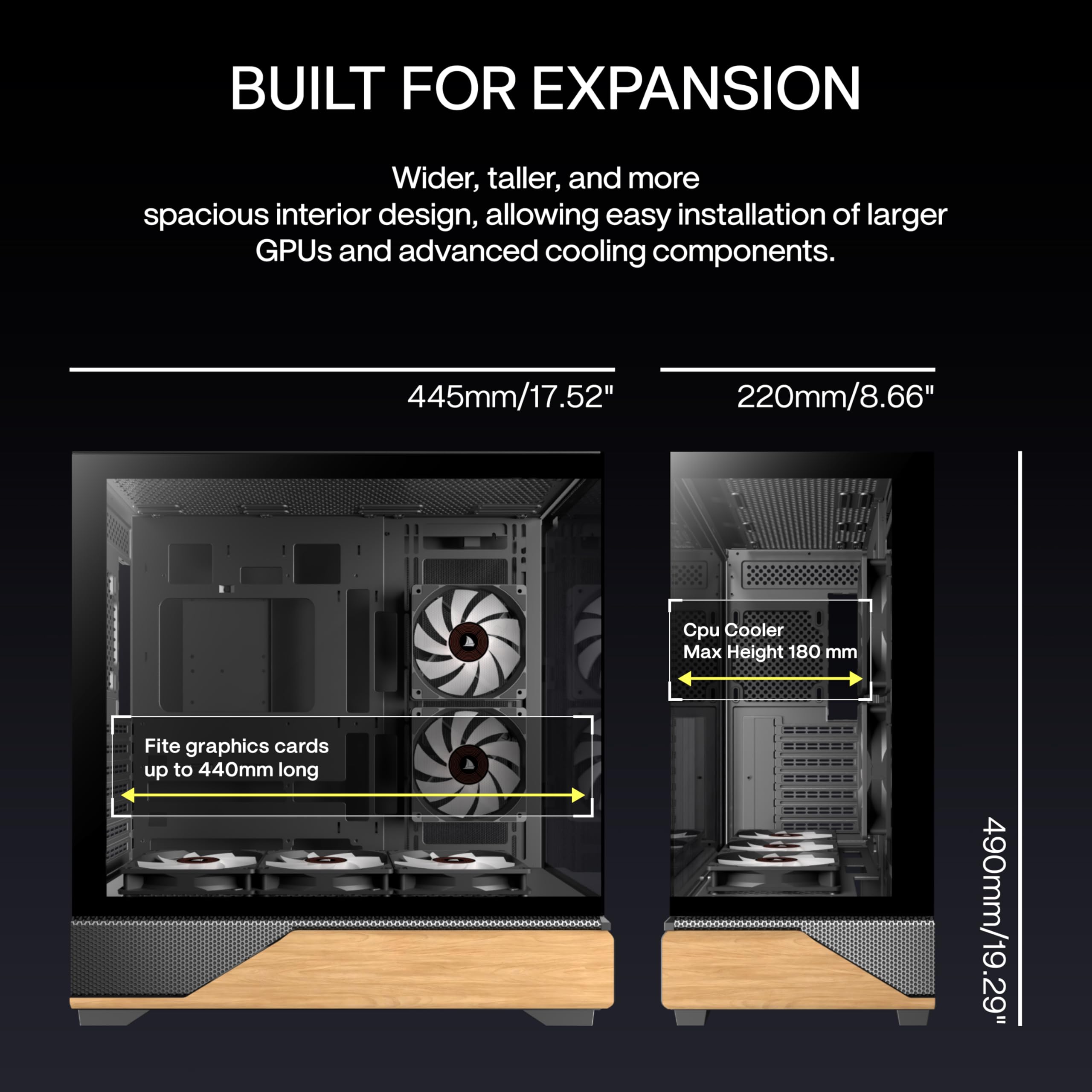 KEDIERS PC Gehäuse Vorinstallierter 5 × 120MM Schwarz Lüfter, ATX Mid Tower PC Gehäuse, Computergehäuse mit Panoramaaussicht Gehärtetes Glas Front Panel,Schwarz/Walnussholz,Neue P6-Version