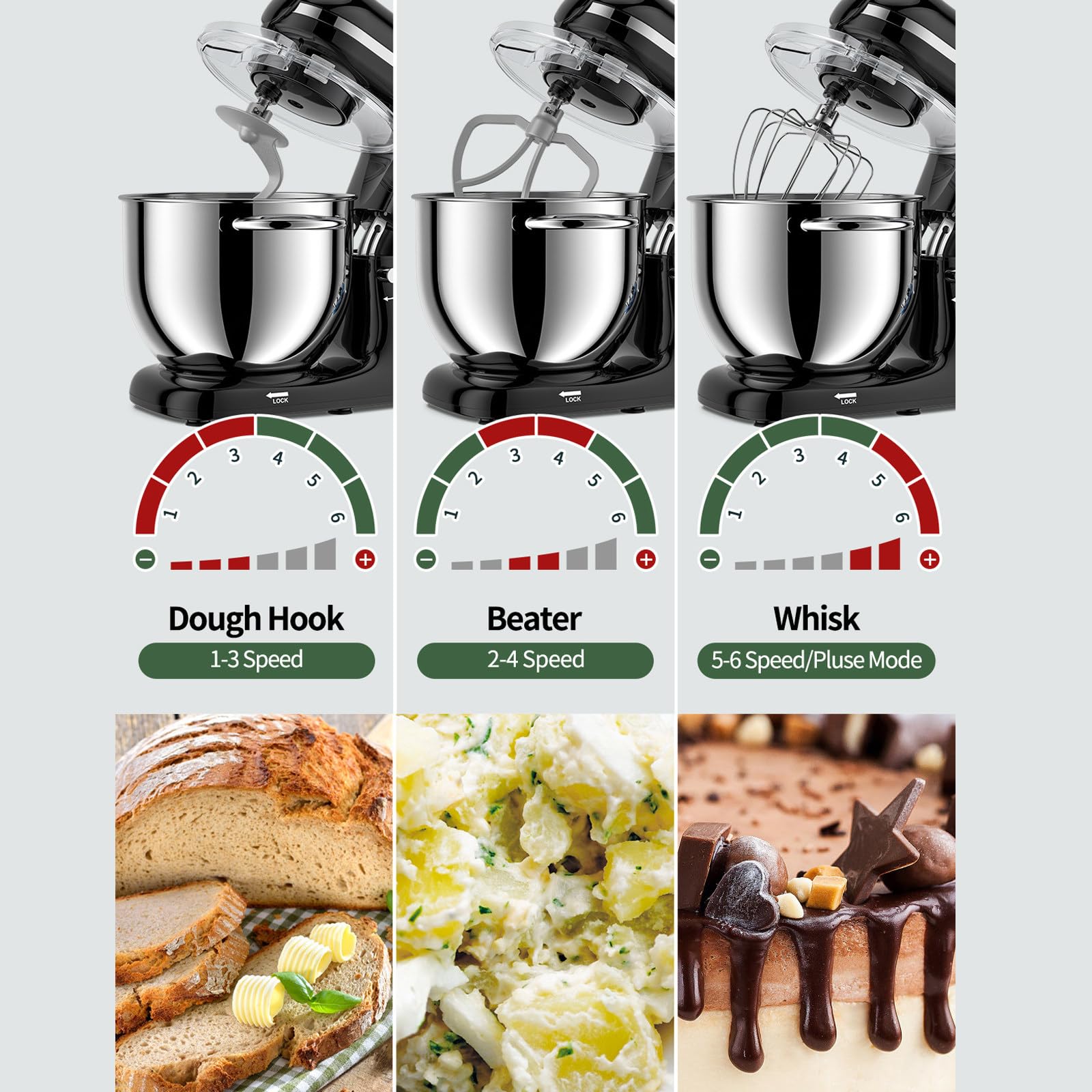3-in-1-Multifunktionaler Standmixer/Mixer/Fleischwolf – 7,5 Qt Edelstahlschüssel, 1,5 l Glasbehälter, stumm/6 Geschwindigkeiten – für 8–12 Personen Familienparty Abendessen machen