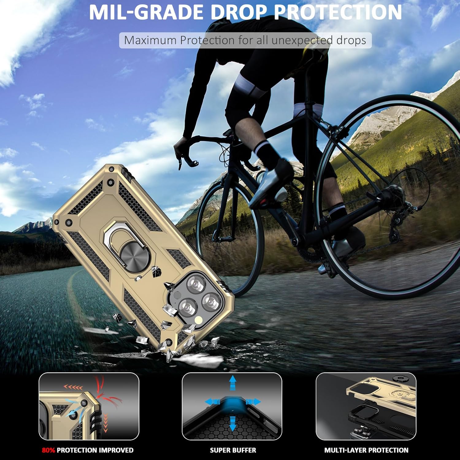 ADDIT i Phone 12 Pro Max Case, for iPhone 12 Pro Max Case,with Kickstand Ring,Adjustable Stand,Military Grade,Heavy Duty Protection,Shockproof,Anti-Fingerprint,Support Magnet Car Mount,Gold - Image 4