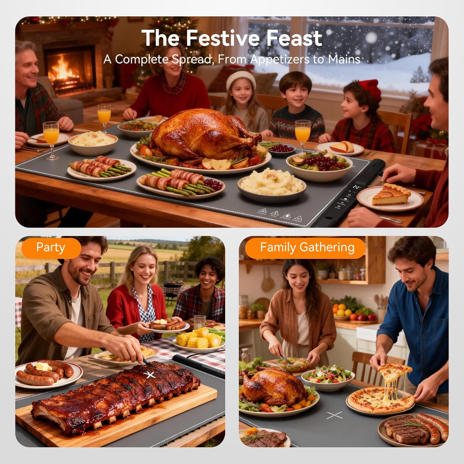 Warming Mat For Food Extra Large 39 * 16inch, Electric Silicone Food Warmer Trays for Chafing Dishes Buffet, Food Warming Mat for Parties Buffet, Portable Heating Pad, 7-Level Temp 8-Hour Timer, Grey